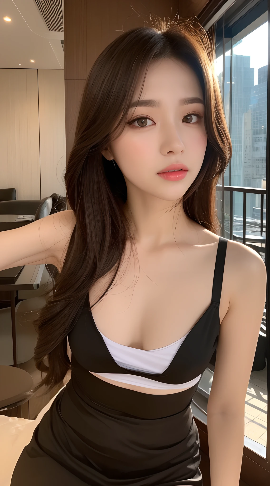 ((Realistic lighting, Best quality, 8K, Masterpiece: 1.3)), Clear focus: 1.8, 1 pretty girl, ((Idol KPOP: 1.3)), Perfect beauty: 1.4, Slim abs: 1.1, ((Dark brown hair)), Exquisite facial features, Body T-shirt, Fantasy XIV, Short skirts, Slim figure, (indoor, Night: 1.3), View from a 5 star hotel, Super fine face, Fine eyes, Double eyelids,
