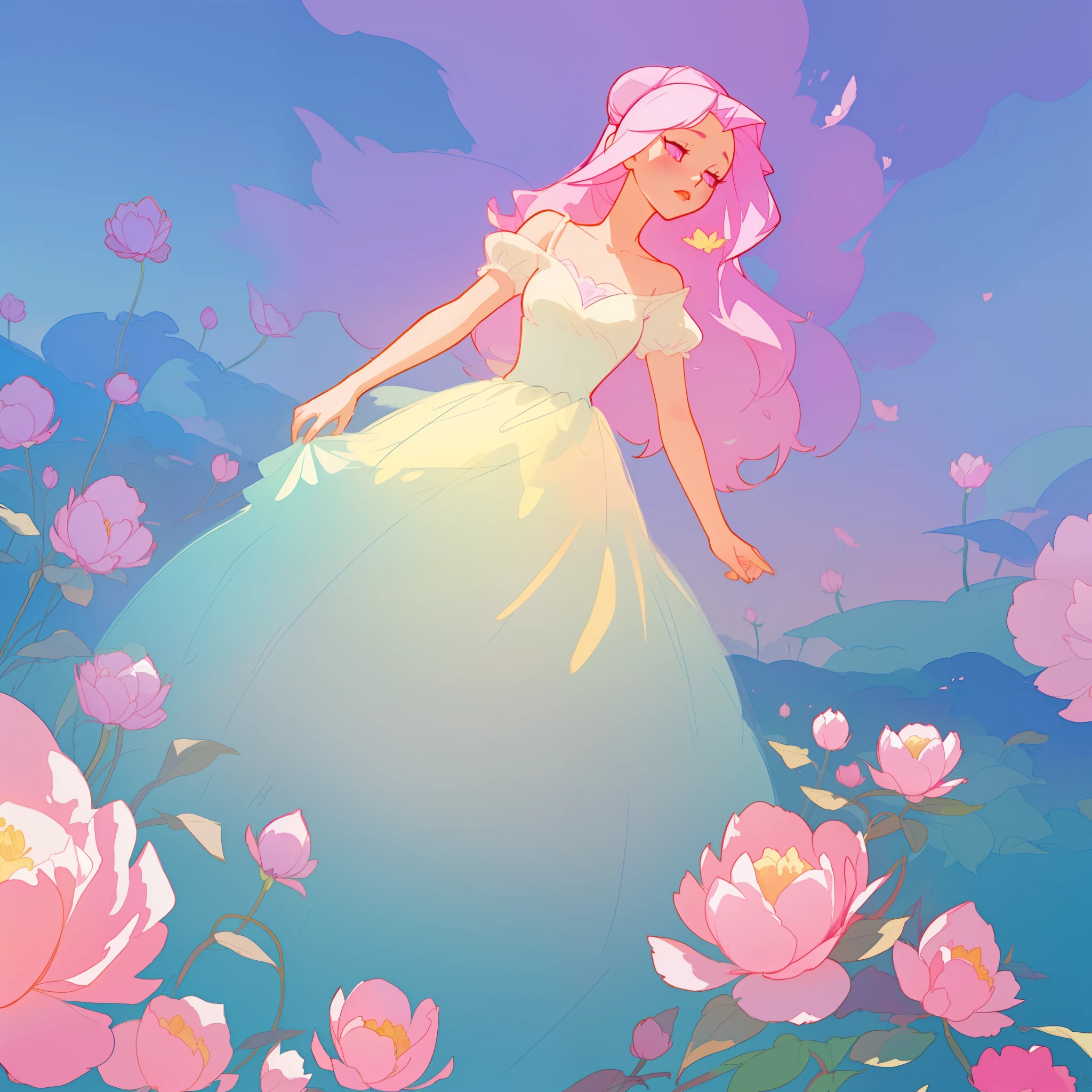 beautiful girl in puffy white ballgown, a field with puffball pink flowers, otherworldly flowers, whimsical landscape, long pink flowing hair, watercolor illustration, inspired by Glen Keane, inspired by Lois van Baarle, disney art style, by Lois van Baarle, by Glen Keane, jen bartel, digital painting, beautiful digital illustration, fantasia otherworldly landscape plants flowers, beautiful, masterpiece, best quality, anime disney style