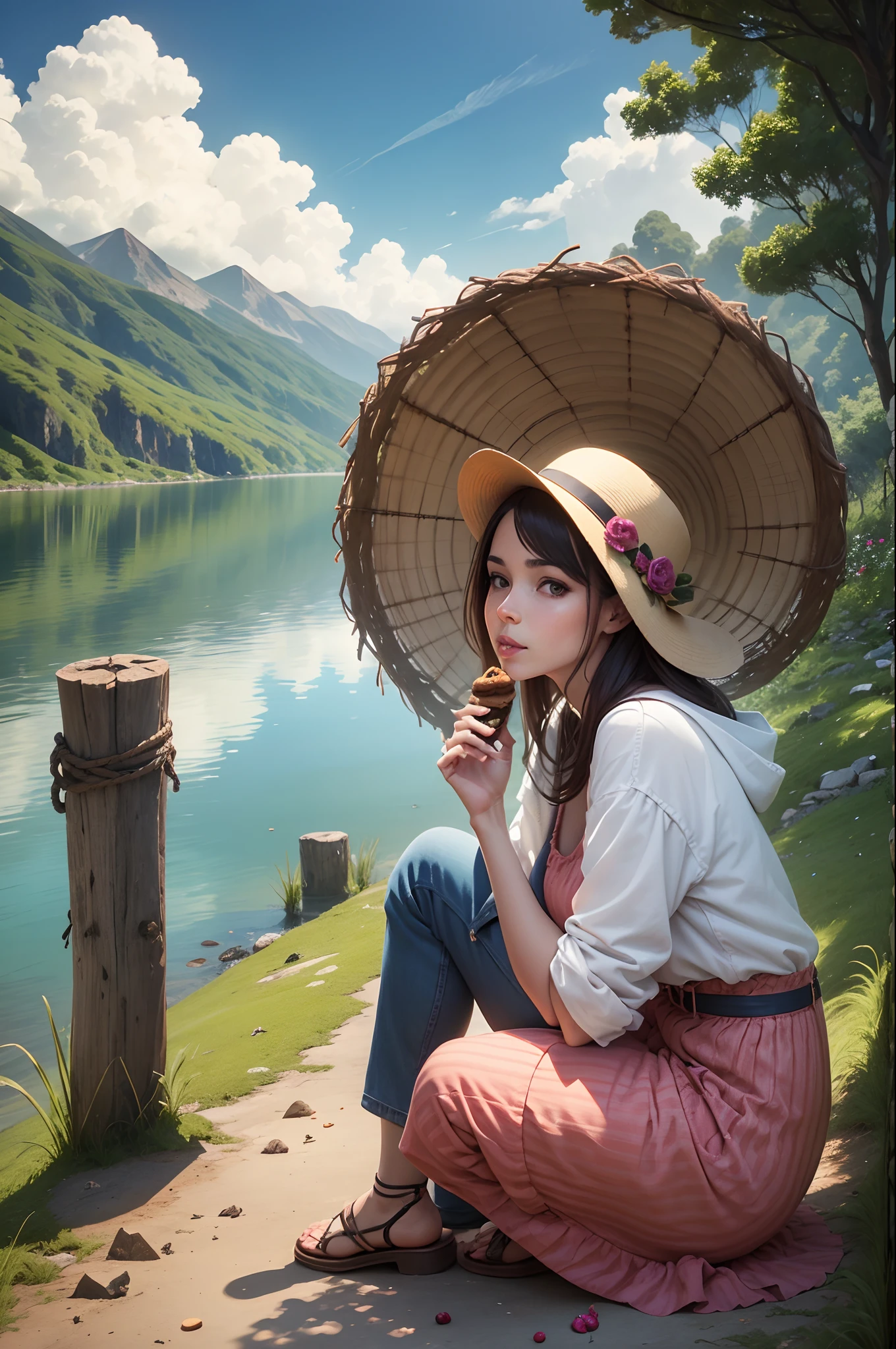 A woman eating healthy cookie with family in a very beautiful landscape --auto --s2