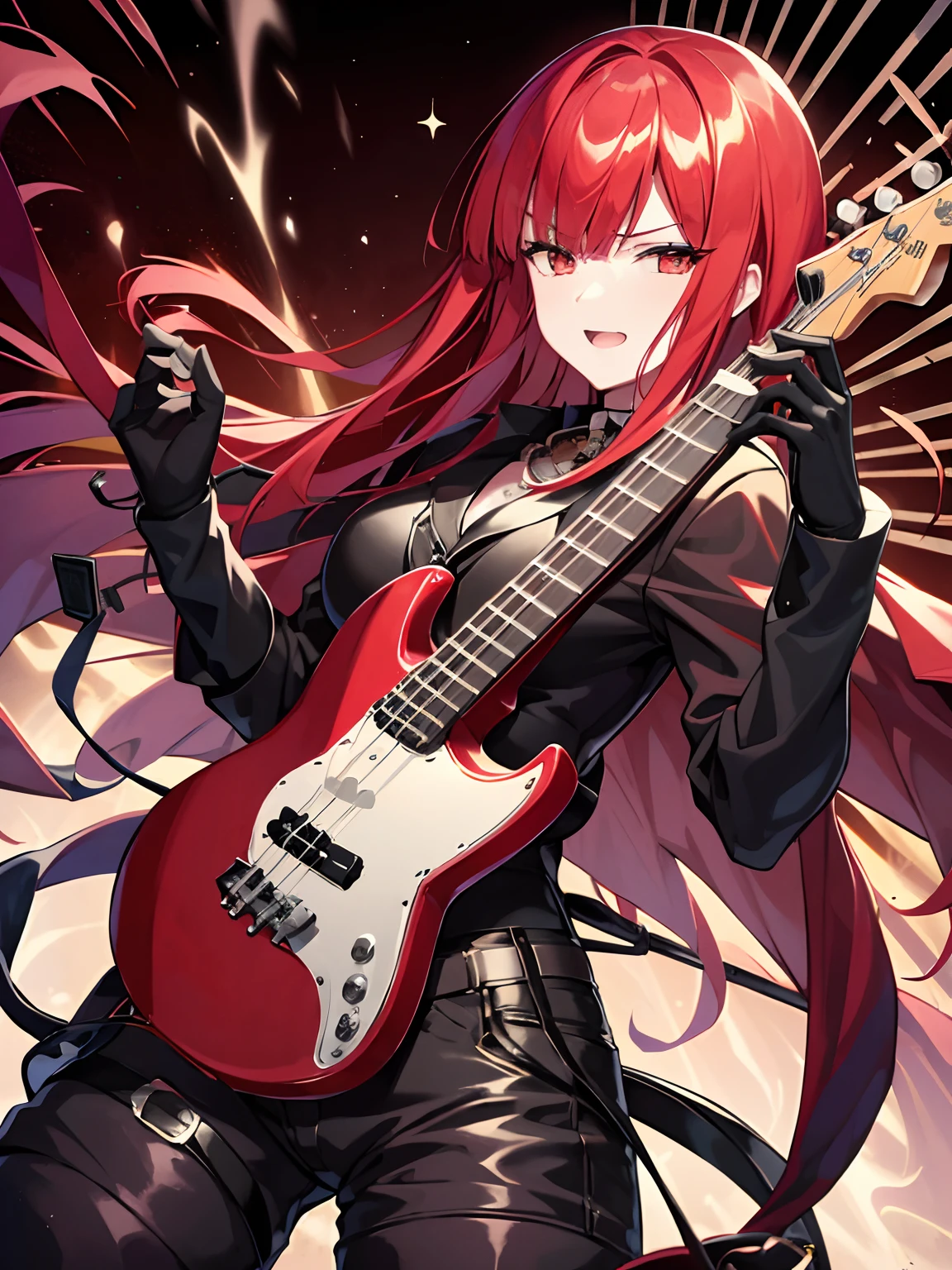 mulher, red hair, Cabelos Longos, anime, seios, Olhos vermelhos, Comics, sozinho, cabelo sobre um olho, cabo, Rockeira, franja, seios grandes, sorrir, tocando baixo eletrico, Electric bass instrument in your hands, electric bass, baixo eletrico completo de 4 cordas, os dedos dela  (Playing electric bass, Have an electric bass, 4 cordas), foto de corpo inteiro.