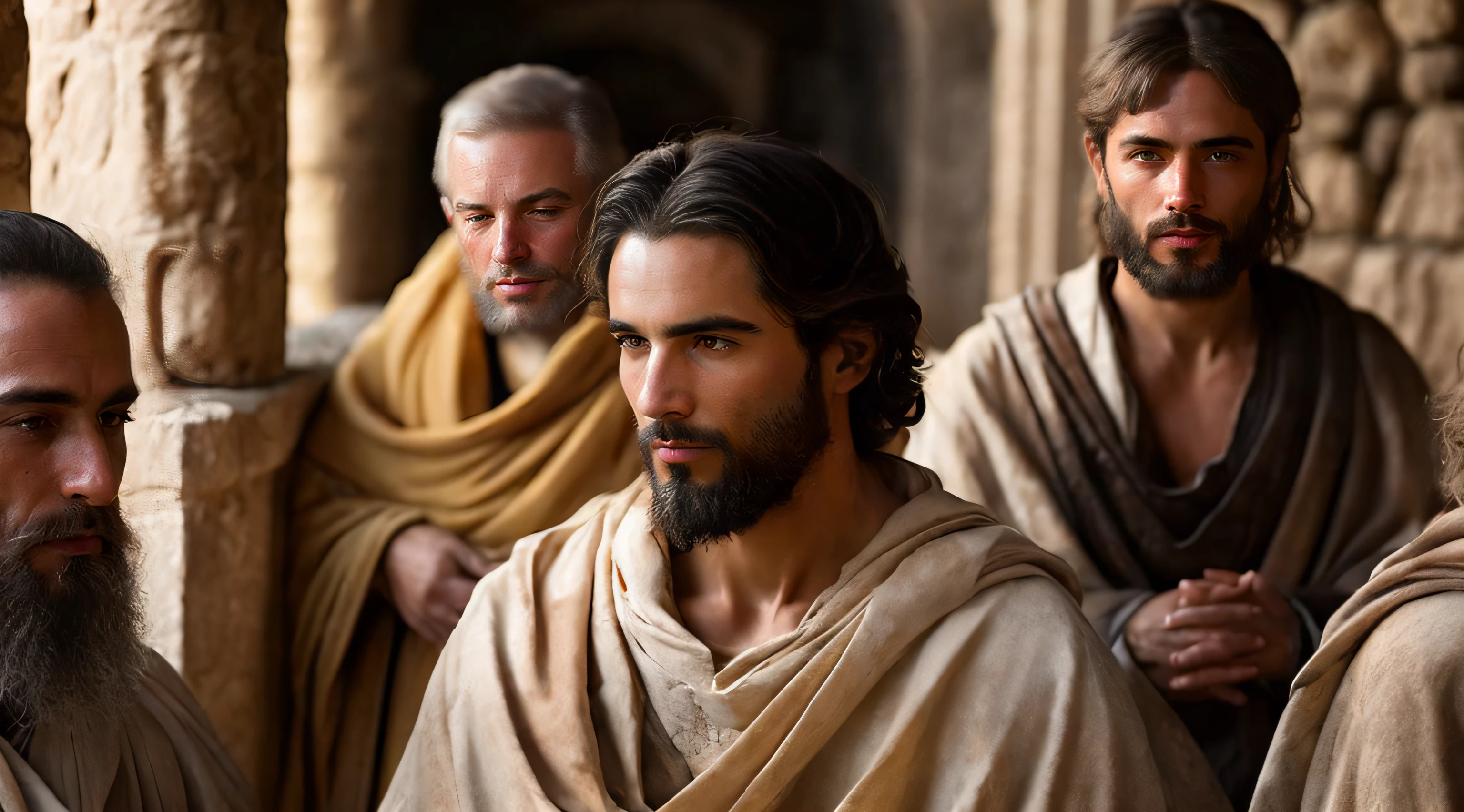 Ancient Israel、Biblical times、1st century、(((The disciples listen to the short-haired Christ)))、8K、Raw photography、top-quality、masterpiece:1.5、ultra-lightweighthigh-resolution、Photorealsitic:1.5、ciinematic light、soft volumetric lighting:1.5、realisitic、Photorealsitic:1、Detailed skin、profetional lighting、a picture、foco nítido、detaileds、profetional lighting、photon maping、detailed and intricate environment、ighly detailed、top-quality、Artistic photography、photorrealistic concept art、soft natural volumetric cinematic perfect light、Midjourney、Detailed hand、
