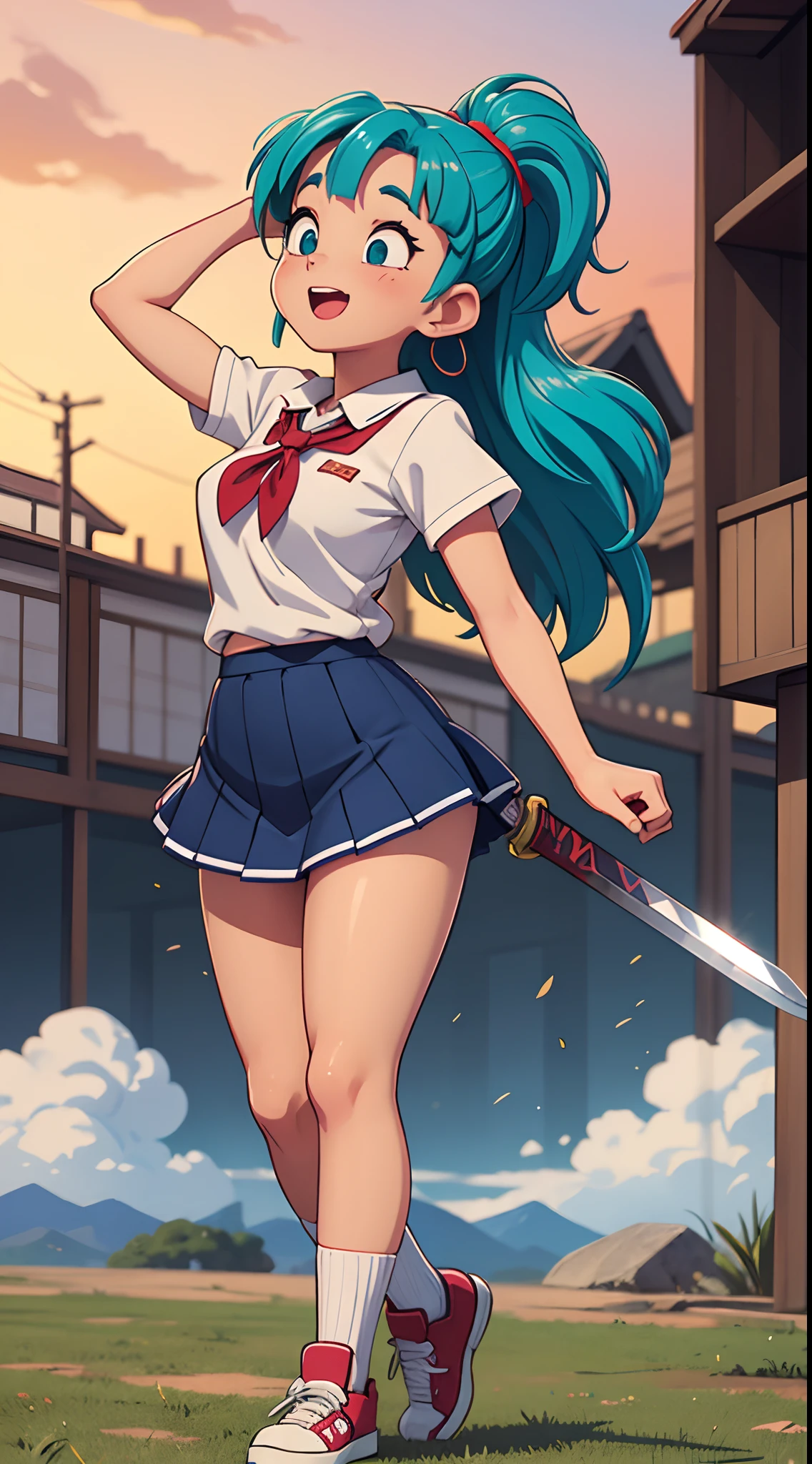 Digital illustration painting, 1girl ((Bulma)) by Akira Toriyama art, Very sexy Bulma colored hair, , school girl, school uniform scholar mini skirt, Japan-tokyo 90s, Japanese sword tied to her back, defined body, curvy muscular , , ((sukeban_girly)), amazing sexy Bulma, wind effect, mini skirt With air movement, dynamic, wind effects, vivid colored high detailed