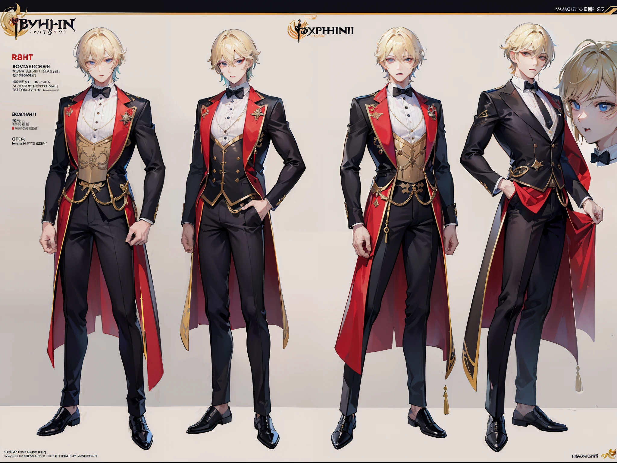 ((Masterpiece, Highest quality)), Male, boy, Detailed face, character design sheet， full bodyesbian, Full of details, frontal body view, back body view, Highly detailed, Depth, Many parts, Muscle boy with blonde hair，handsome man, vampire outfit clothes, Genshin Impact, man tall