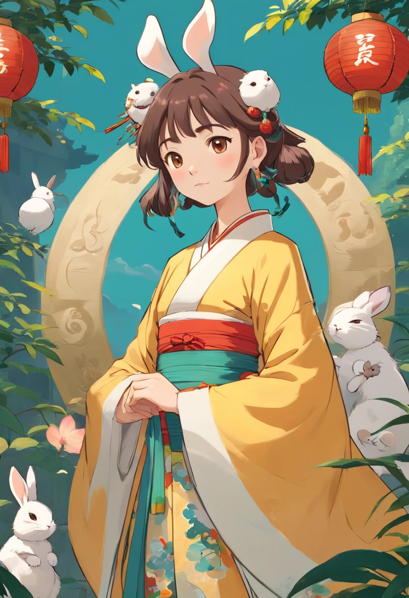 There's a rabbit,Chinese round fan in hand, coelho, um coelho, coelho branco, coelho_coelhinho,, anthropomorphic bunny, O coelho branco, com ventilador, Orelhas de coelho, Coelho em Hanfu, Rabbit in Chinese costume, Coelho no hanfu branco, traditional Chinese clothing, com roupas chinesas acient, xianxia de corpo inteiro, Chinese style, Chinese Costume, 8k))inspirado no Mestre Kanbun, No estilo de Hayao Miyazaki, apenas cara de coelho, Filtro Studio Ghibli, edgcoelhinho_character