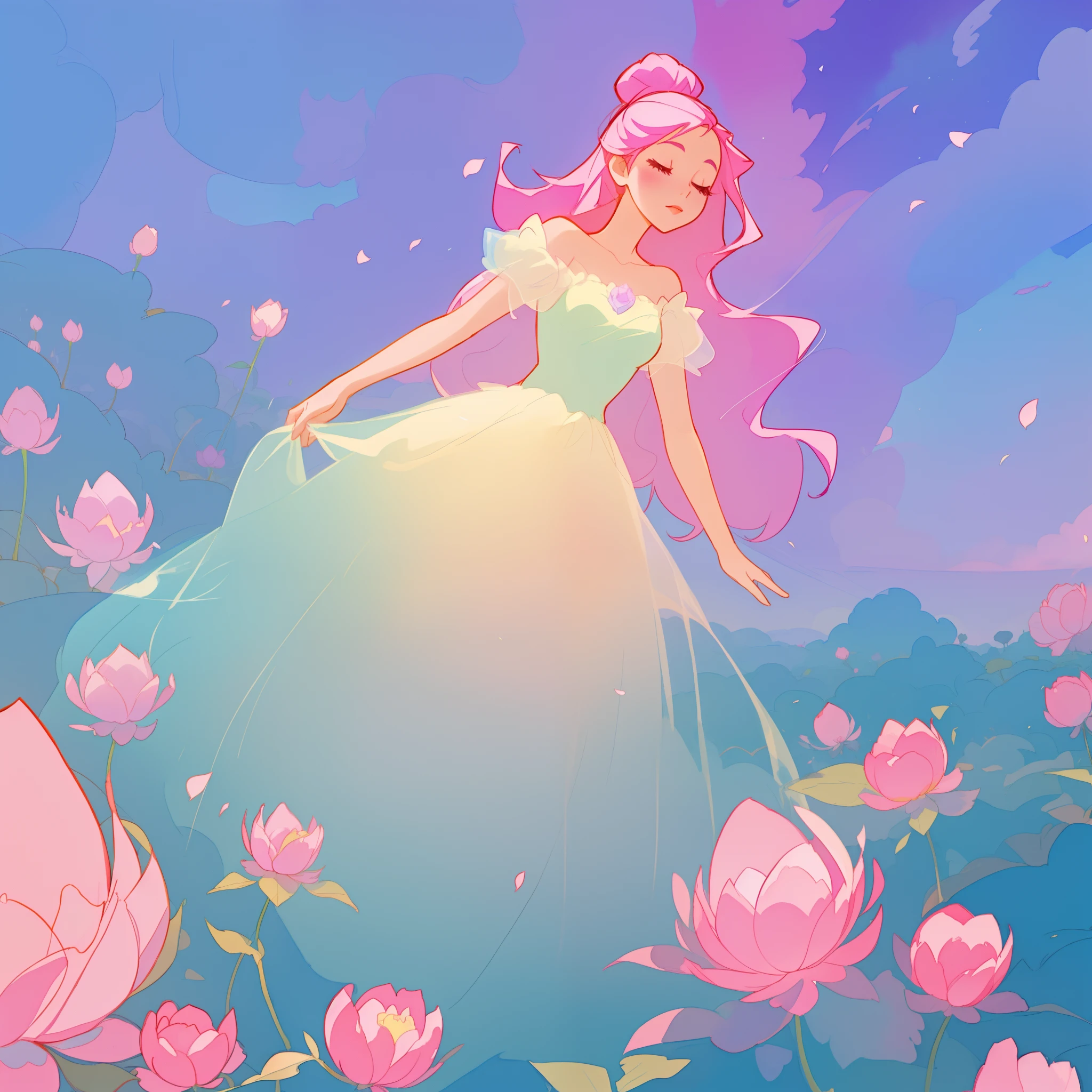 beautiful girl in puffy white ballgown, a field with puffball pink flowers, otherworldly flowers, whimsical landscape, long pink flowing hair, watercolor illustration, inspired by Glen Keane, inspired by Lois van Baarle, disney art style, by Lois van Baarle, by Glen Keane, jen bartel, digital painting, beautiful digital illustration, fantasia otherworldly landscape plants flowers, beautiful, masterpiece, best quality, anime disney style