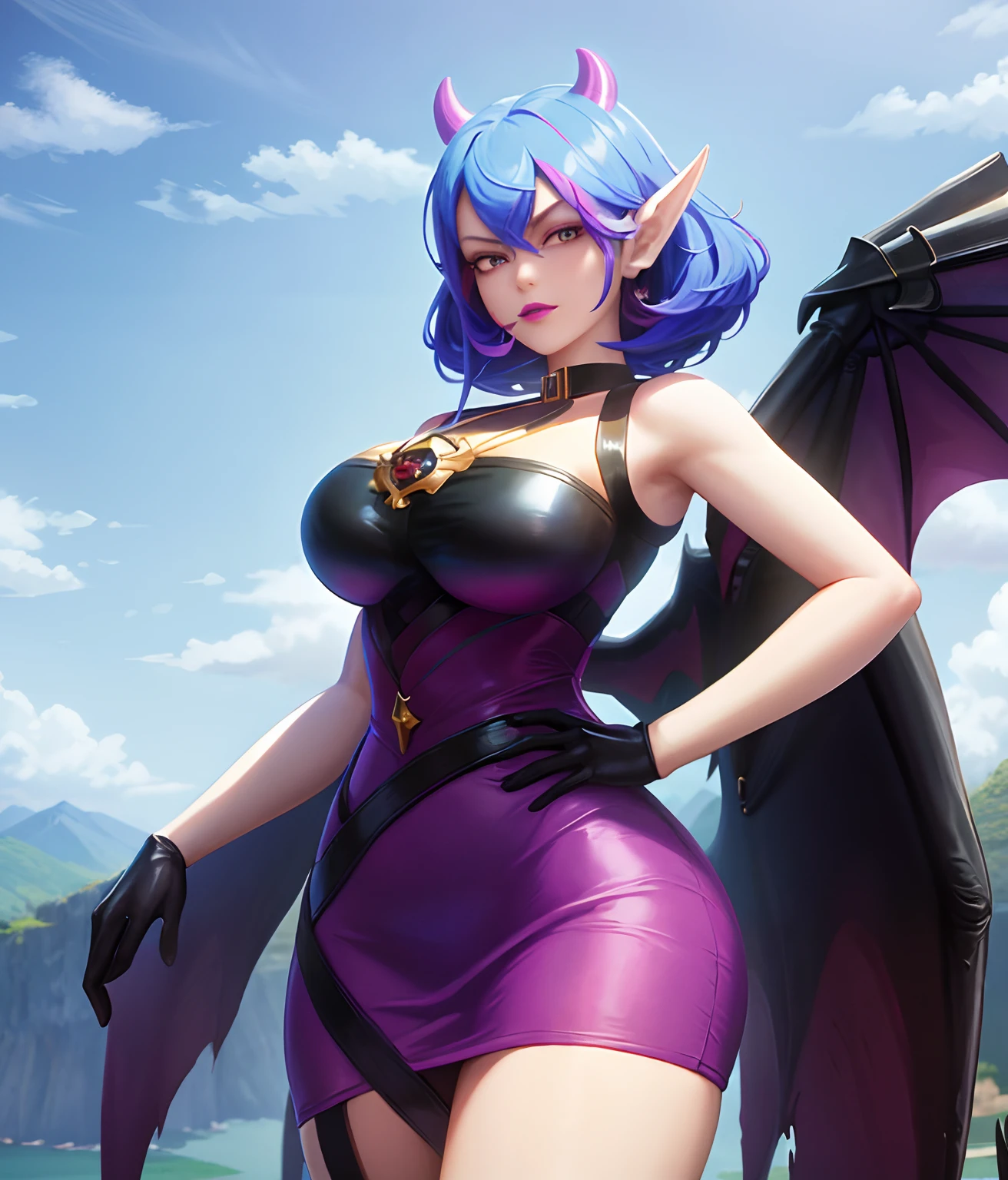 ((big breasts)), wings, 1girl, looking at viewer, short hair, gloves, dress, medium breasts, blue hair, horns, solo focus, pointy ears, black gloves, hand on hip, thigh strap, instrument, demon wings, [purple hair: blue hair:0.2],  (castle), gloom, darkness, mountains, ghosts, death, purple background, ((glow)), BREAK bat, purple lips, (masterpiece,best quality:1.5)