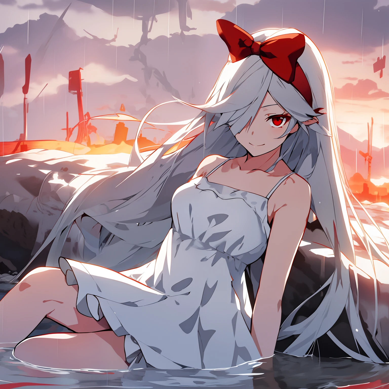 Woman,Silver-haired red eyes,Reveal a huge cherry on the chest,Two pieces of flesh are exposed on the chest,ragged attire,Fluid flows from the underneath,Next to it is on the sea,Transparent erotic tulle pajamas