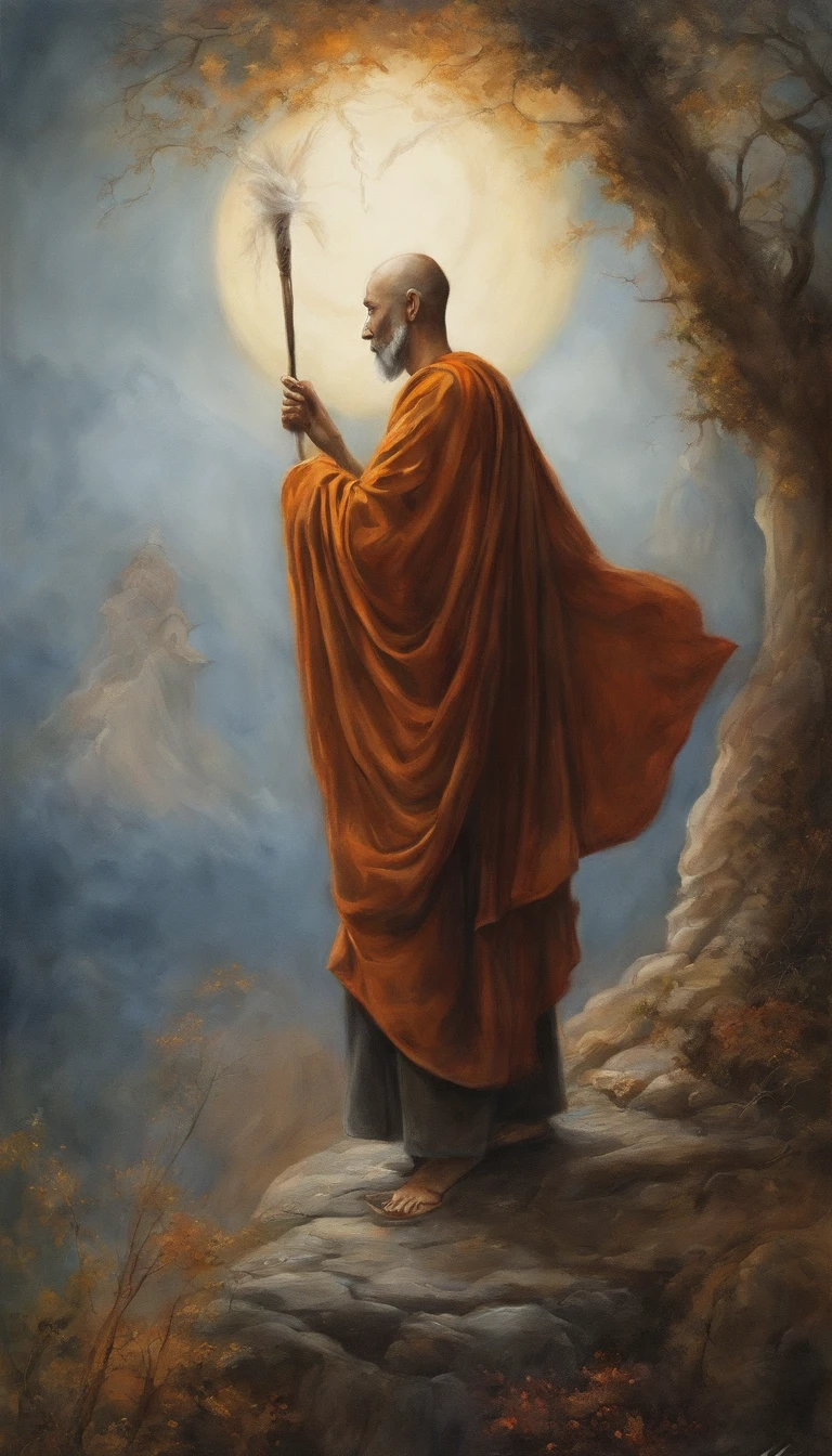 Masterpiece, Best quality, Ultra-detailed, illustration, 1 Buddhist monk, Solo, fantasy, Flying, broom, Night sky, Outdoors, magic, Spells, Moon, stars, Clouds, Wind, Cape, broom, Glowing, mysterious, Enchanting, Whimsical, Playful, Adventurous, Freedom, Wonder, imagination, Determination, skill, Speed, sport, energy, Realism, Naturalistic, Figurative, representational, Beauty, Fantasy culture, mito, Fairy tales, Folklore, legends, Witches, wizards, Magical creatures, Fantasy world, composition, scale, foreground, Middle ground, Background, Perspective, Light, Color, Texture, detail, Beauty, Wonder.