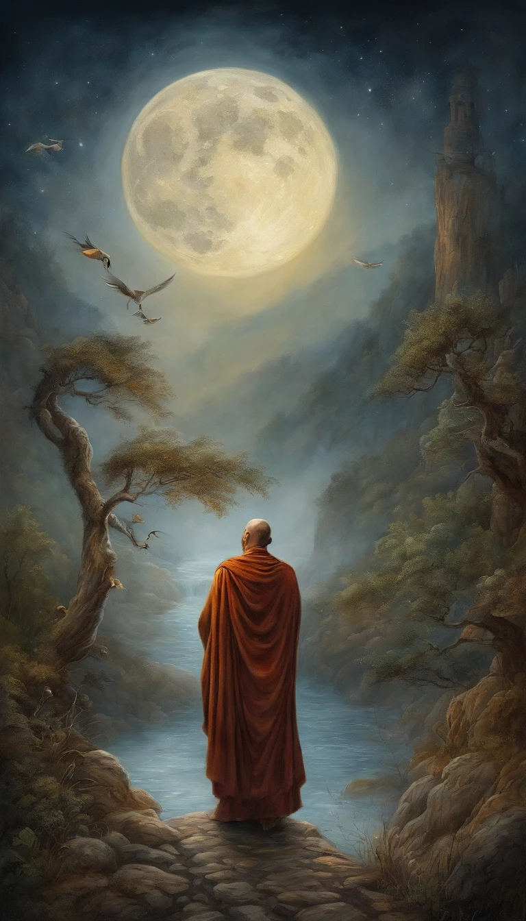 Masterpiece, Best quality, Ultra-detailed, illustration, 1 Buddhist monk, Solo, fantasy, Flying, broom, Night sky, Outdoors, magic, Spells, Moon, stars, Clouds, Wind, Cape, broom, Glowing, mysterious, Enchanting, Whimsical, Playful, Adventurous, Freedom, Wonder, imagination, Determination, skill, Speed, sport, energy, Realism, Naturalistic, Figurative, representational, Beauty, Fantasy culture, mito, Fairy tales, Folklore, legends, Witches, wizards, Magical creatures, Fantasy world, composition, scale, foreground, Middle ground, Background, Perspective, Light, Color, Texture, detail, Beauty, Wonder.