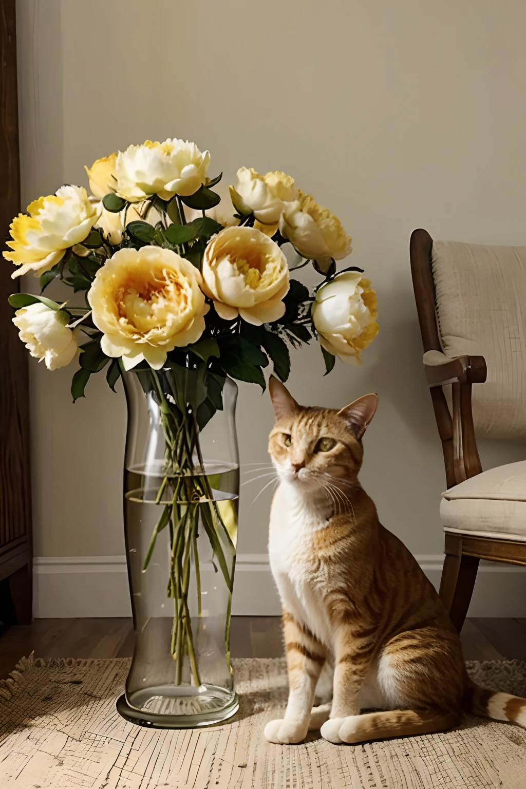 yellow cat sit next to the peonies vase