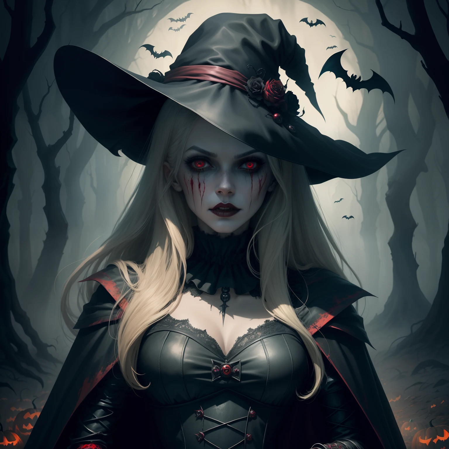 There is a woman in a costume with a bloody face, halloween art style, horror fantasy art, dark fantasy style art, dark fantasy horror art, scarry but bewitching, fantasy horror art, beautiful necromancer girl, fashionable dark witch, dark fantasy art, dark witch character, Halloween atmosphere, Scary look, eerie art style, castlevania witch