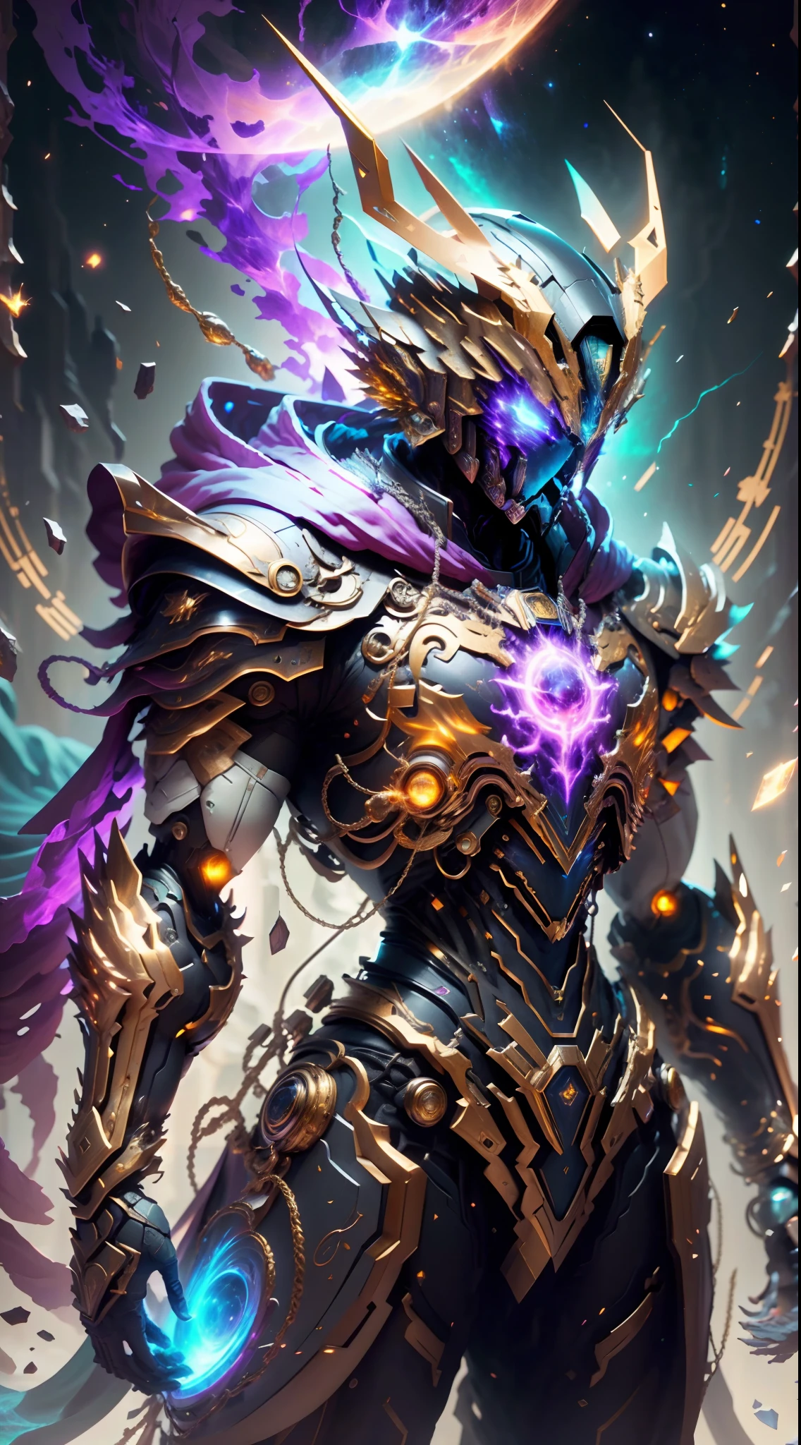 A Dragon Emperor in the Milky Way, Sun Surface on background, Golden Saint Seiya Limb Armor, (Cloak), (Dragon Symbol: 1.5), (Gundam Exia: 1.5), (Starry Sky: 1.8) (Mecha) (Mechanical) (Armor), (Open leg: 1.3), Perfect, (Wide Angle), (Black Background: 1.6), Best Quality, Masterpiece, Super Resolution, (Reality: 1.4), Crazy Detail, Unrealistic Engine Style, Boca Effect, David La Chapelle style lens, bioluminescent palette: light blue, light gold, light pink, bright white, wide angle, ultra-fine, cinematic still life, vibrant, Sakimichan style, perfect eyes, highest image quality 8K, inspired by Harry Winston, Canon EOS R 6 shooting masterpiece "Chaos 50,--, under eye mole, ray tracing, surrealism, textured skin