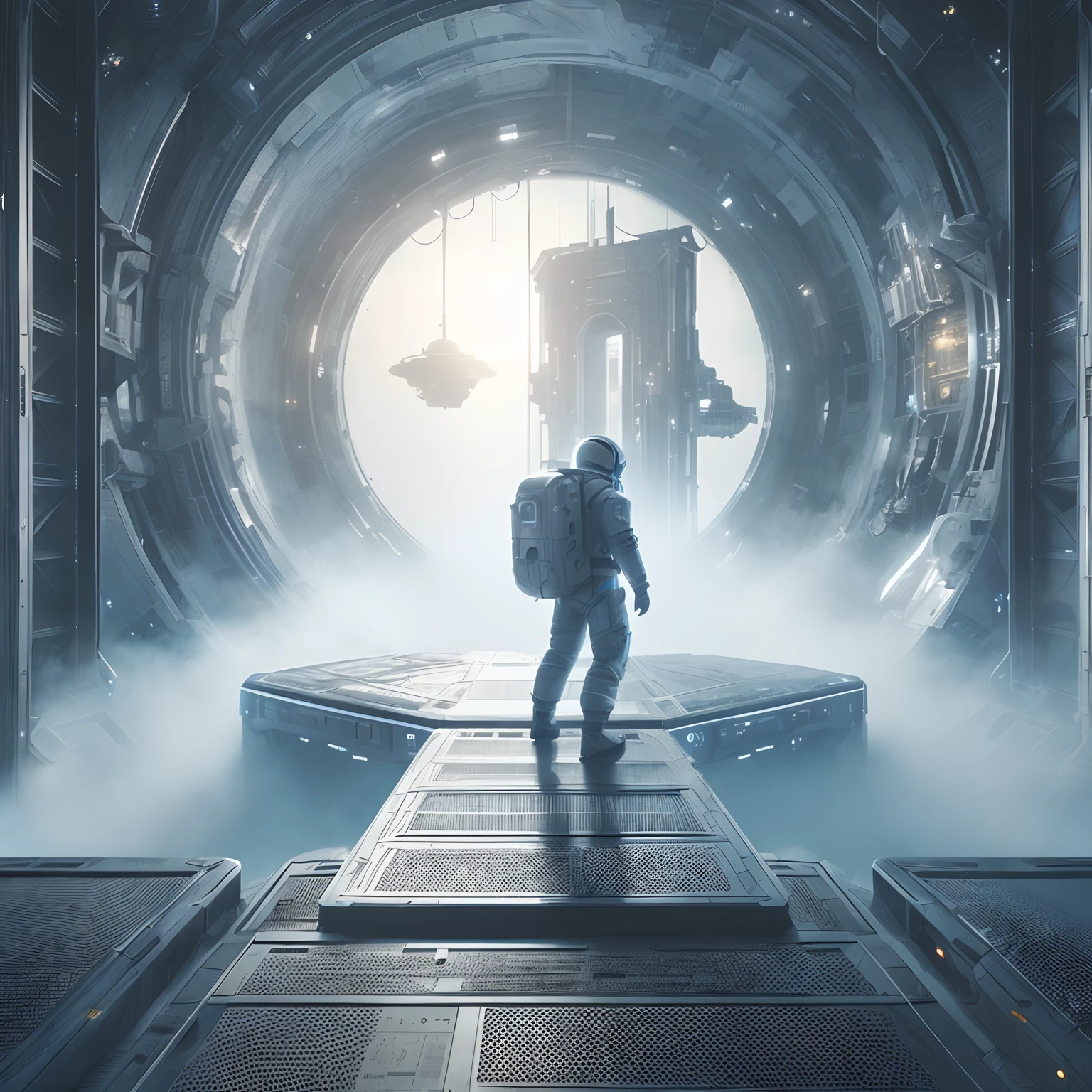 arafed astronaut in a space station with a backpack and a space shuttle, depicted as a scifi scene, surreal sci fi set design, mystical sci-fi concept art, detailed sci - fi backgrounds, astronaut lost in liminal space, 8 k high detail concept art, scifi platform, sci-fi cinematic movie still, cinematic scifi shot