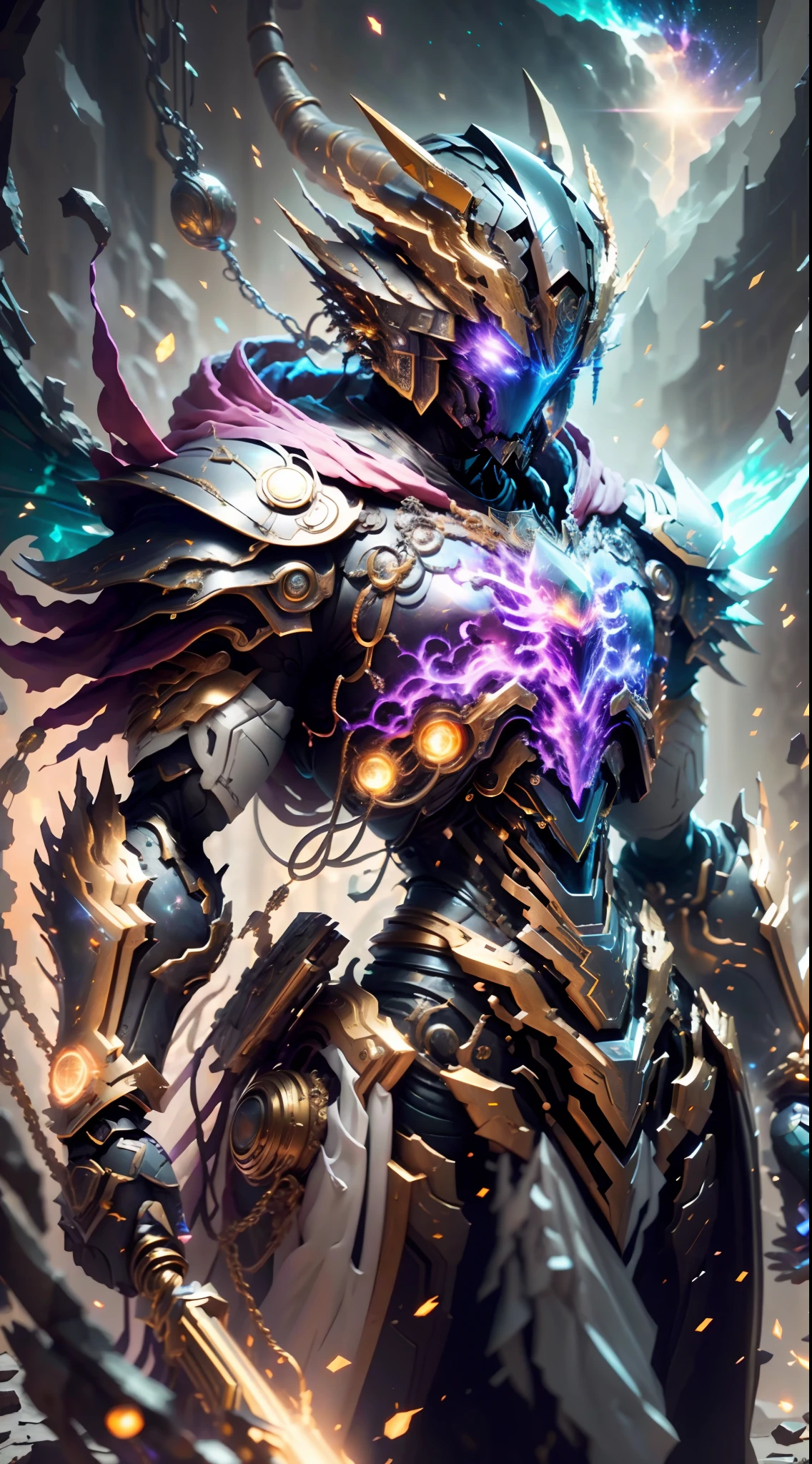 A Dragon Emperor in the Milky Way, Sun Surface on background, Golden Saint Seiya Limb Armor, (Cloak), (Dragon Symbol: 1.5), (Gundam Exia: 1.5), (Starry Sky: 1.8) (Mecha) (Mechanical) (Armor), (Open leg: 1.3), Perfect, (Wide Angle), (Black Background: 1.6), Best Quality, Masterpiece, Super Resolution, (Reality: 1.4), Crazy Detail, Unrealistic Engine Style, Boca Effect, David La Chapelle style lens, bioluminescent palette: light blue, light gold, light pink, bright white, wide angle, ultra-fine, cinematic still life, vibrant, Sakimichan style, perfect eyes, highest image quality 8K, inspired by Harry Winston, Canon EOS R 6 shooting masterpiece "Chaos 50,--, under eye mole, ray tracing, surrealism, textured skin