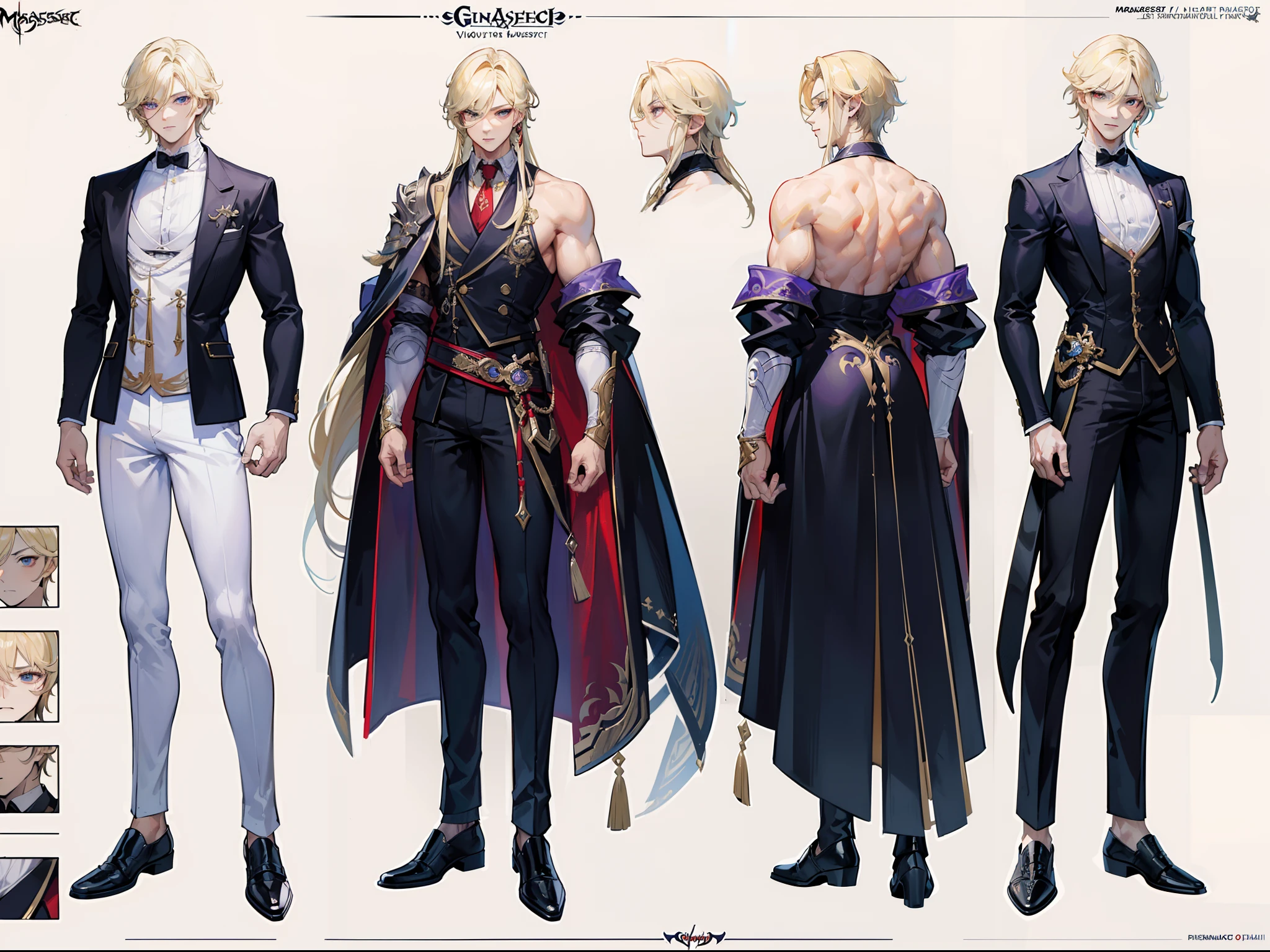 ((Masterpiece, Highest quality)), Male, boy, Detailed face, character design sheet， full bodyesbian, Full of details, frontal body view, back body view, Highly detailed, Depth, Many parts, angel wings, angel outfit, Muscle boy with ponytail blonde hair，handsome man, male angel , man tall