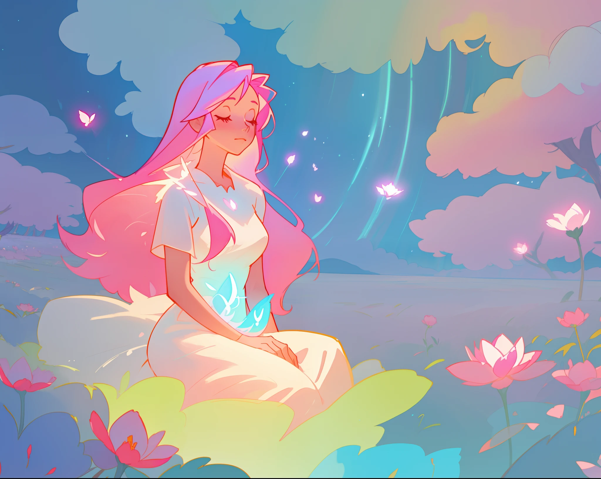 beautiful girl in white dress, fairy dress, beautiful girl sitting in a field with pink red flowers, glowing lights, whimsical landscape, long pink flowing hair, watercolor illustration, inspired by Glen Keane, inspired by Lois van Baarle, disney art style, by Lois van Baarle, glowing aura around her, by Glen Keane, jen bartel, glowing lights! digital painting, flowing glowing hair, glowing flowing hair, beautiful digital illustration, fantasia otherworldly landscape plants flowers, beautiful, masterpiece, best quality, anime disney style