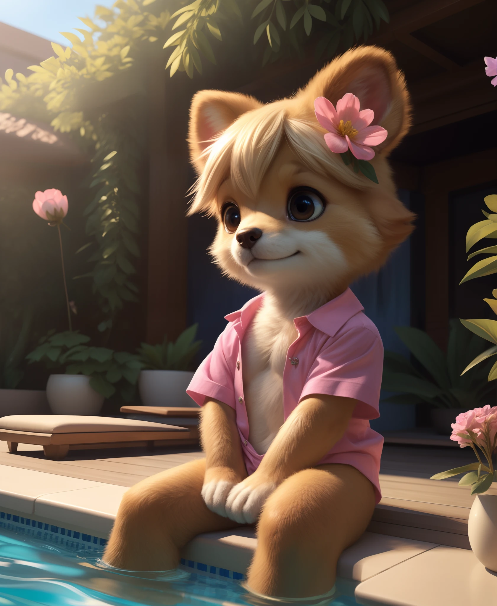 uploaded on e621, ((by Pino Daeni, by Ruan Jia, by Fumiko, by Levelviolet, by Supplesee)), kemono, dagasi, solo female isabelle \(animal crossing\) in animal form with tiny and short body with yellow fur (wearing pink shirt:1.4)  with leaf patterns and (no pants:1.4) and white belly and top knot and (bells:1.2), ((feral)), ((flat chest)), (detailed fluffy fur), (half-lengthportrait, front view, looking at viewer), BREAK, (sitting in hotel swimming pool bench with plant and flower), (detailed background, depth of field, half body shadow, sunlight, ambient light on the body), (intricate:1), (high detail:1.3), (unreal engine:1.2), (soft focus:1.15), [explicit content, questionable content], (masterpiece, best quality, 4k, 2k, shaded, absurd res)