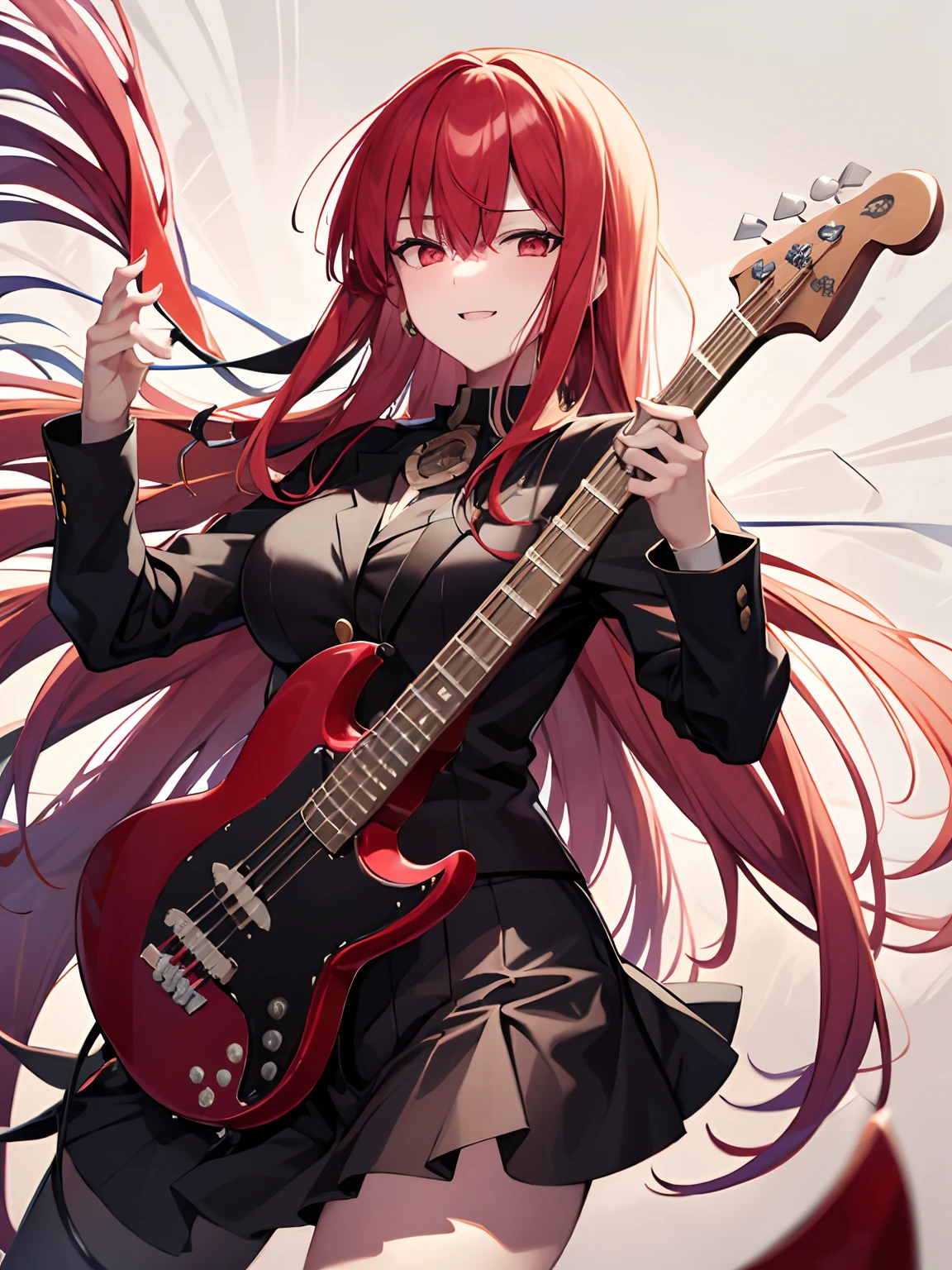 mulher madura, mulher de 28 anos, red hair, Cabelos Longos, anime, seios, Olhos vermelhos, Comics, sozinho, cabelo sobre um olho, cabo, Rockeira, franja, seios grandes, sorrir, tocando baixo eletrico, Electric bass instrument in your hands, electric bass, baixo eletrico completo de 4 cordas, os dedos dela  (Playing electric bass, Have an electric bass, 4 cordas), foto de corpo inteiro.