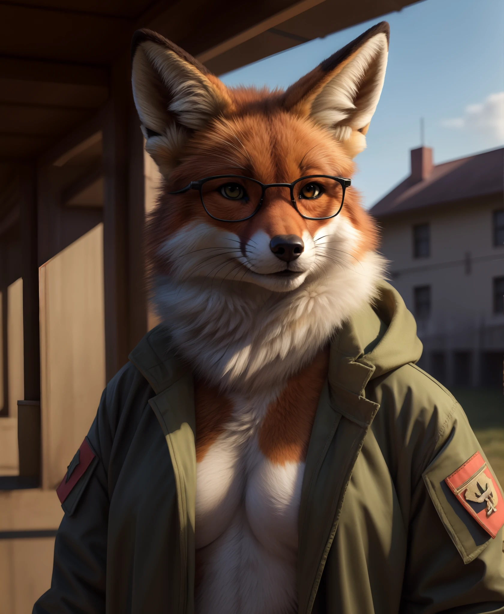 by kenket, by totesfleisch8, (by thebigslick, by silverfox5213:0.8), (by syuro:0.2),, honovy, hioshiru, foxovh,, ltfoxvixen, furry female anthro, fox girl, glasses, portrait, close-up, green jacket, fur trim, solo, tail, (body fur:1.2), (best quality), (detailed army barracks background:1.2), dramatic lighting, (detailed fluffy fur:1.1), looking at viewer, small breasts, black eyes, garrison cap,,