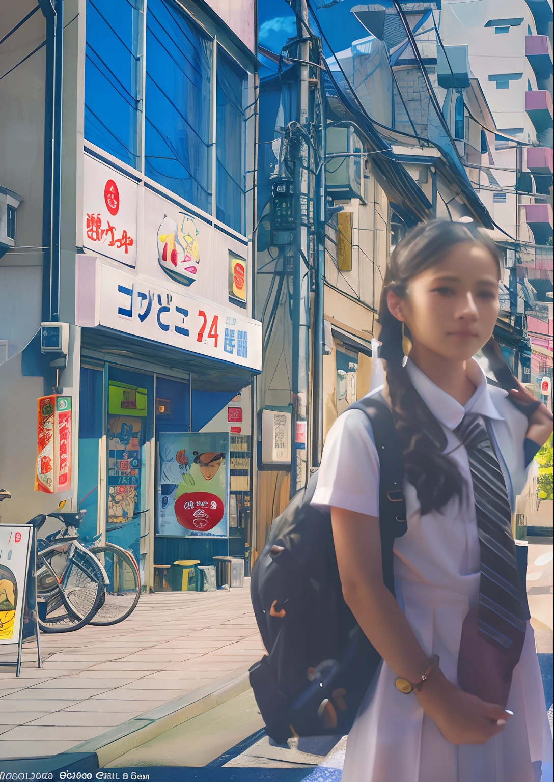 there is a woman in a school uniform standing on a street, anime style mixed with fujifilm, realistic anime 3 d style, tokyo anime scene, portrait of a japanese teen, semirealistic anime style, in style of makoto shinkai, anime realism style, in a tokyo street, a hyperrealistic schoolgirl, in japanese anime style, in front of ramen shop