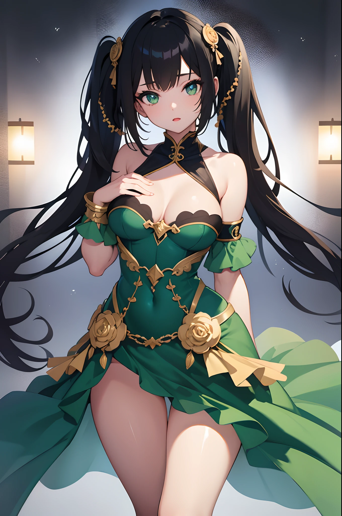 1girl, anime, cute girl, blank background, white background, fantasy, detailed dark fantasy dress with highlights, beautiful face, beautiful eyes, dark colors, black hair, twintails, green eyes, medium breasts, slight cleavage, beautiful skin, cute, breast curtains, extremely delicate and beautiful, (beautiful detailed face:1.0), (detailed deep eyes), symmetrical breasts, deep eyes, shiny skin, portrait, slender waist, hips wider than shoulders, thighs, young girl