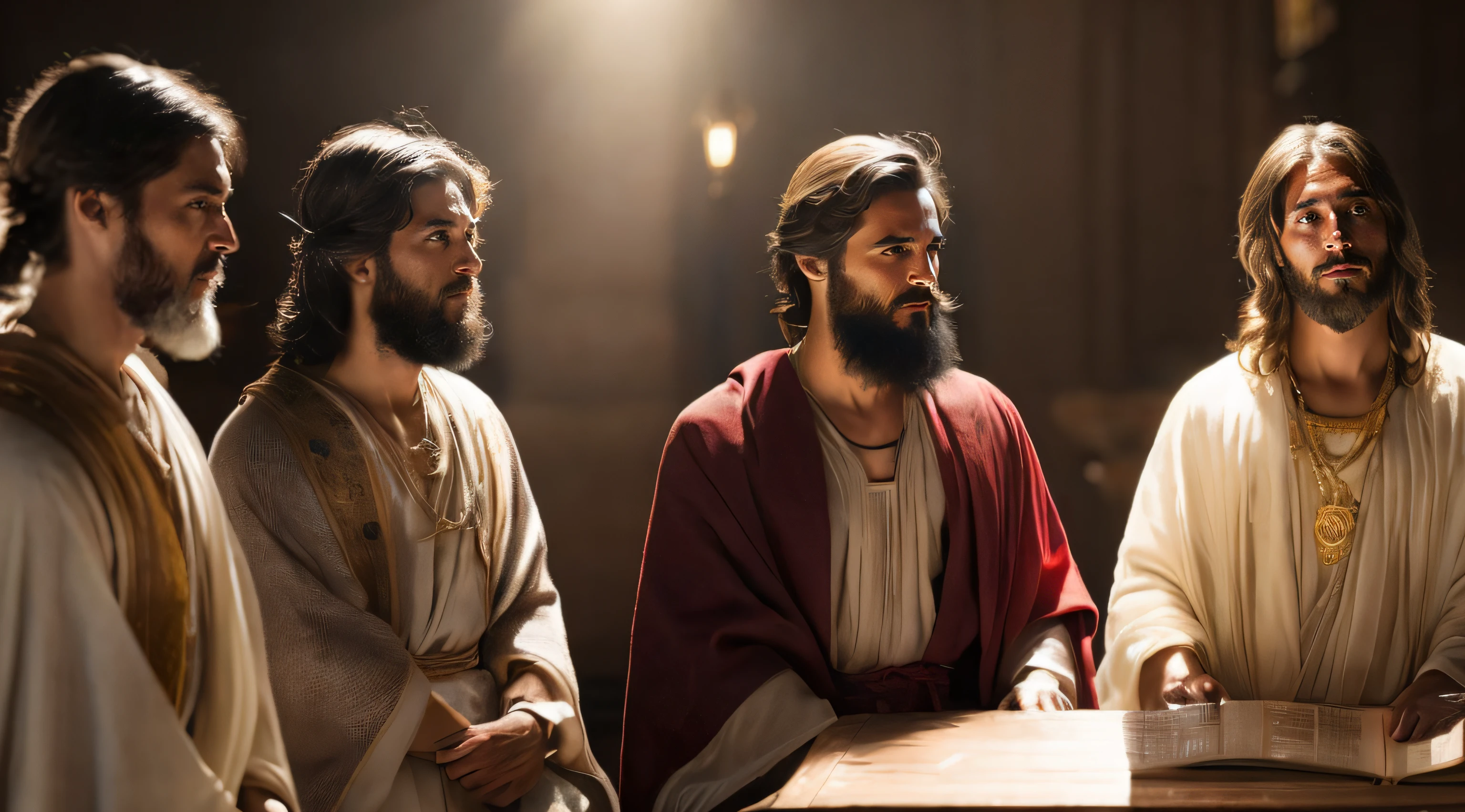 Ancient Israel、Biblical times、1st century、(((The disciples listen to the short-haired Christ)))、8K、Raw photography、top-quality、masterpiece:1.5、ultra-lightweighthigh-resolution、Photorealsitic:1.5、ciinematic light、soft volumetric lighting:1.5、realisitic、Photorealsitic:1、Detailed skin、profetional lighting、a picture、foco nítido、detaileds、profetional lighting、photon maping、detailed and intricate environment、ighly detailed、top-quality、Artistic photography、photorrealistic concept art、soft natural volumetric cinematic perfect light、Midjourney、Detailed hand、