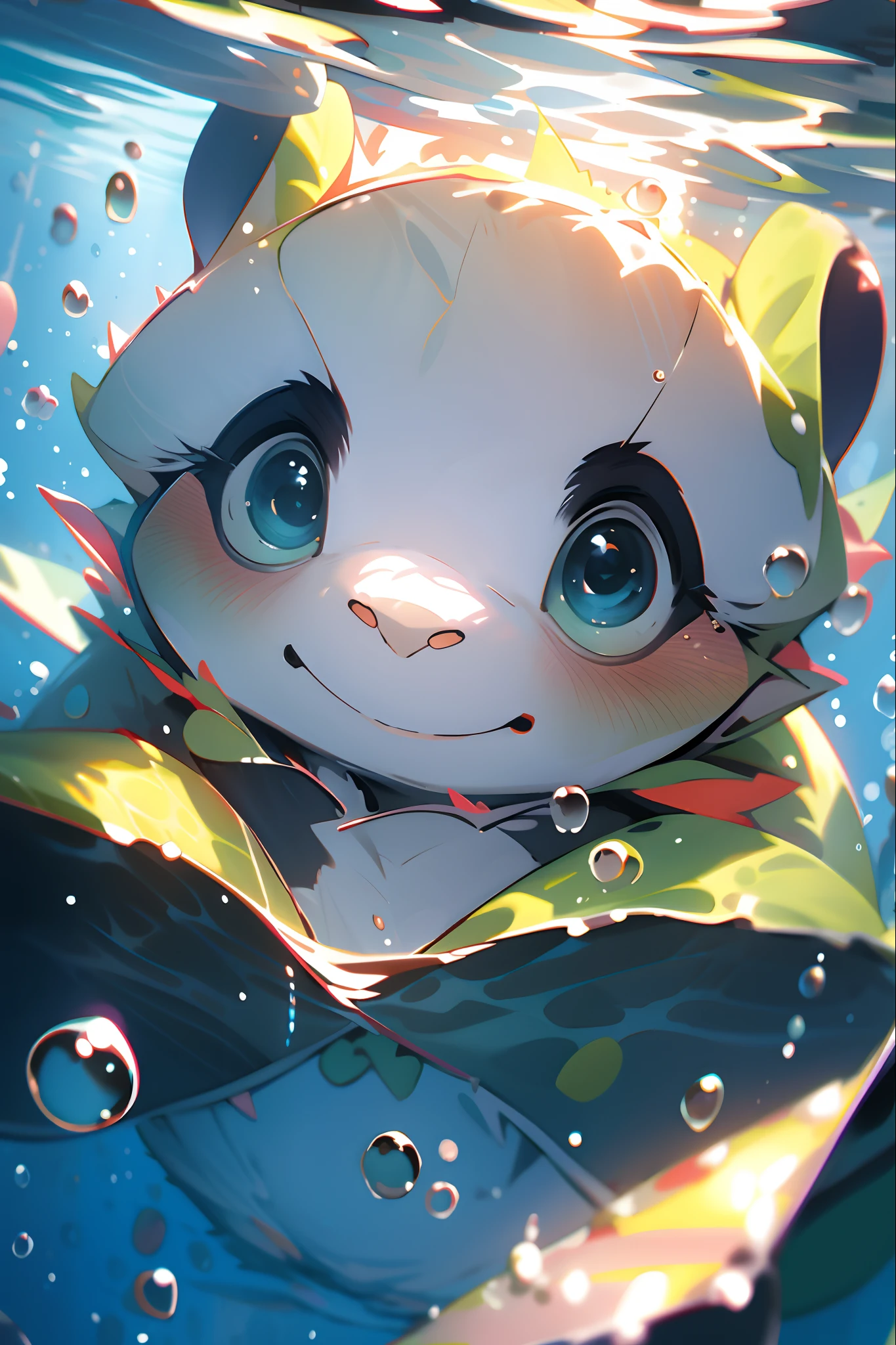 1 cute frog, close-up face, Portrait, Furry, No Man, In water, ocean floor, Swimming, Blisters, Buble, More details, Saturated colors, cute smiling, Best quality, 8K, High saturation