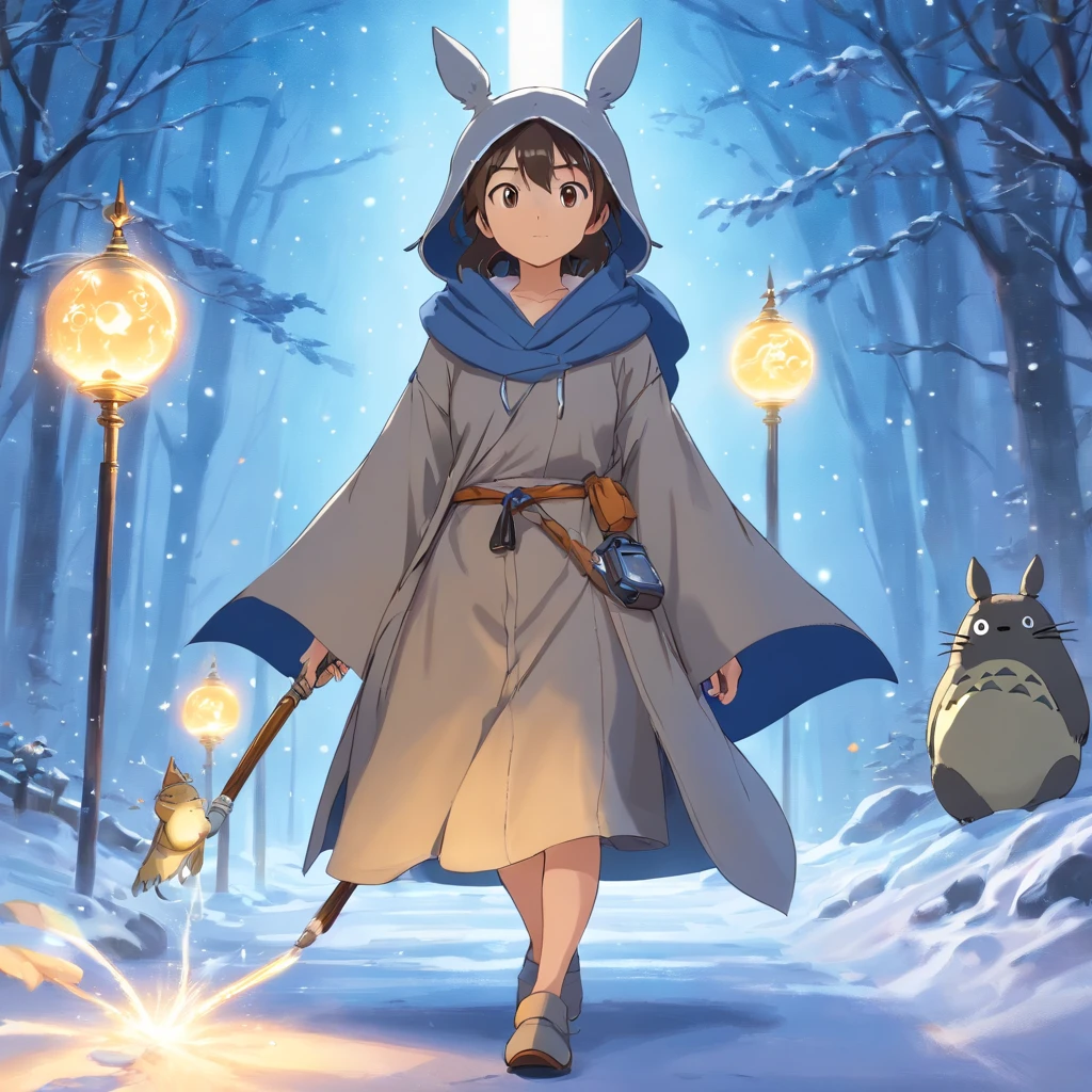 Totoro, Mage robes , Covered in gear and accessories，Staff in hand，Wearing a wizard hat，snowfield，Cast magic，Spell Surrounding，No Man，No one appears