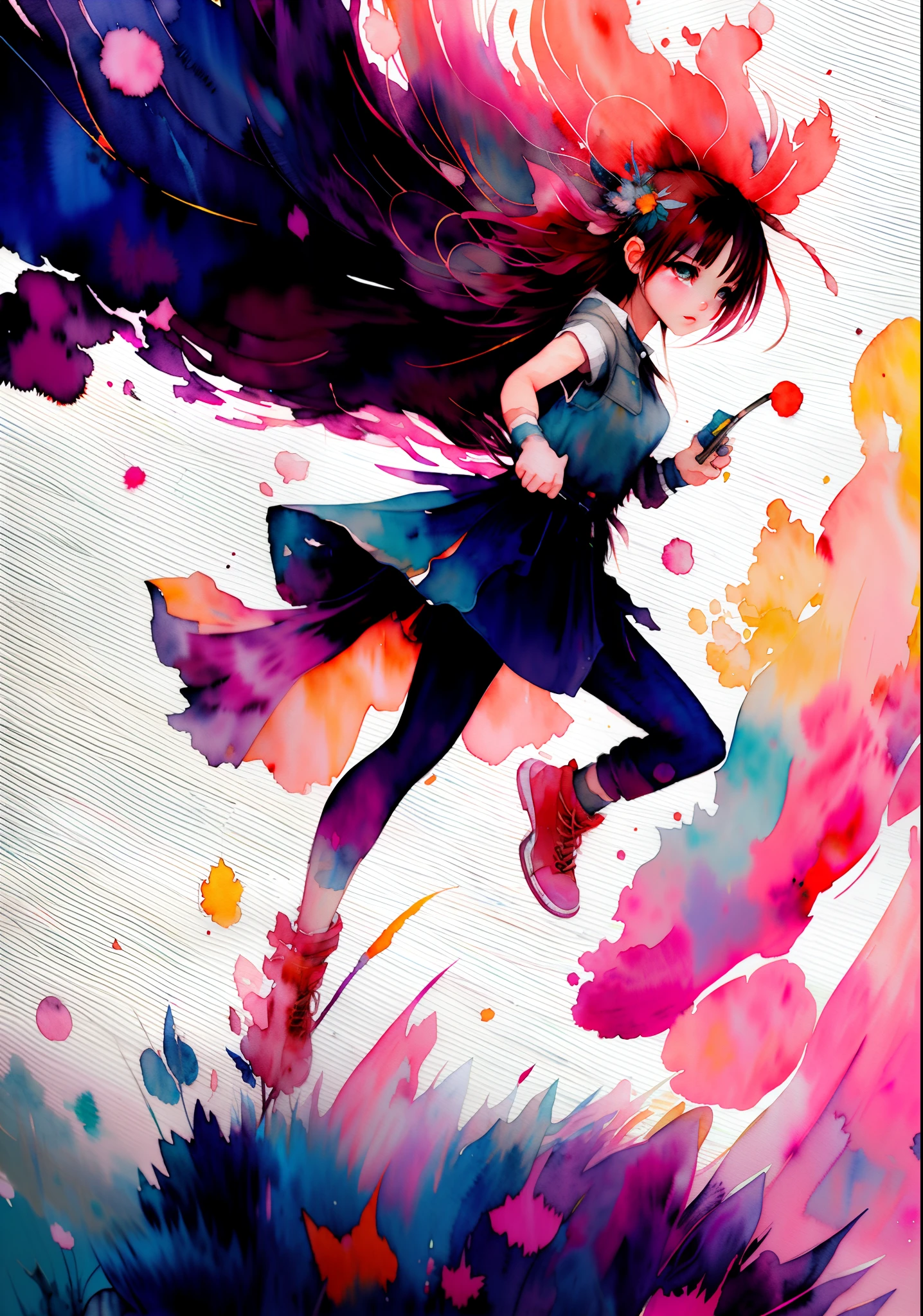 wtrcolor style, (girl) digital art, official art, blowin' in the wind, masterpiece, beautiful, (((watercolor)), paint splatter, anime, intricate details. Great detail, [drip: 0.7], trending on art station, Rachel Walker