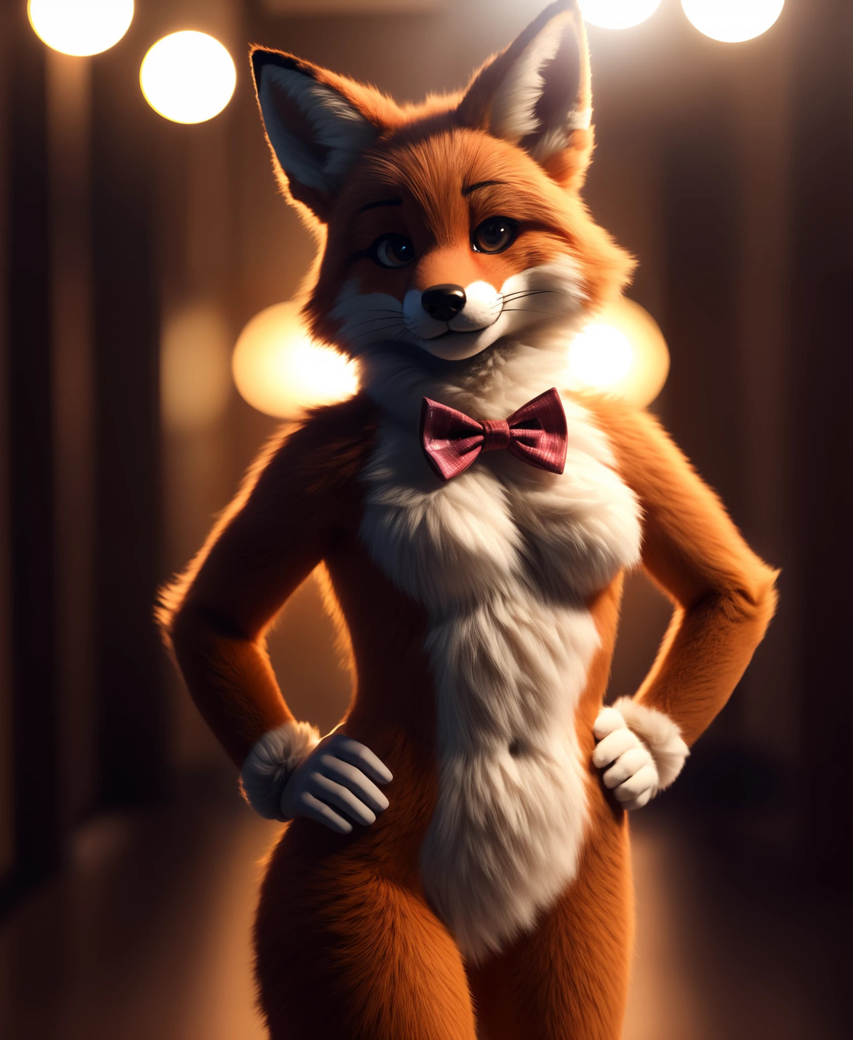 manglefnaf, furry female, anthro, fox girl, bowtie, standing, cute pose, hand on hip, portrait, tranquil, solo, (body fur:1.2), (best quality), (simple blurry background:1.2), dramatic lighting, (detailed fluffy fur:1.1), looking at viewer,  tail, thumbs,