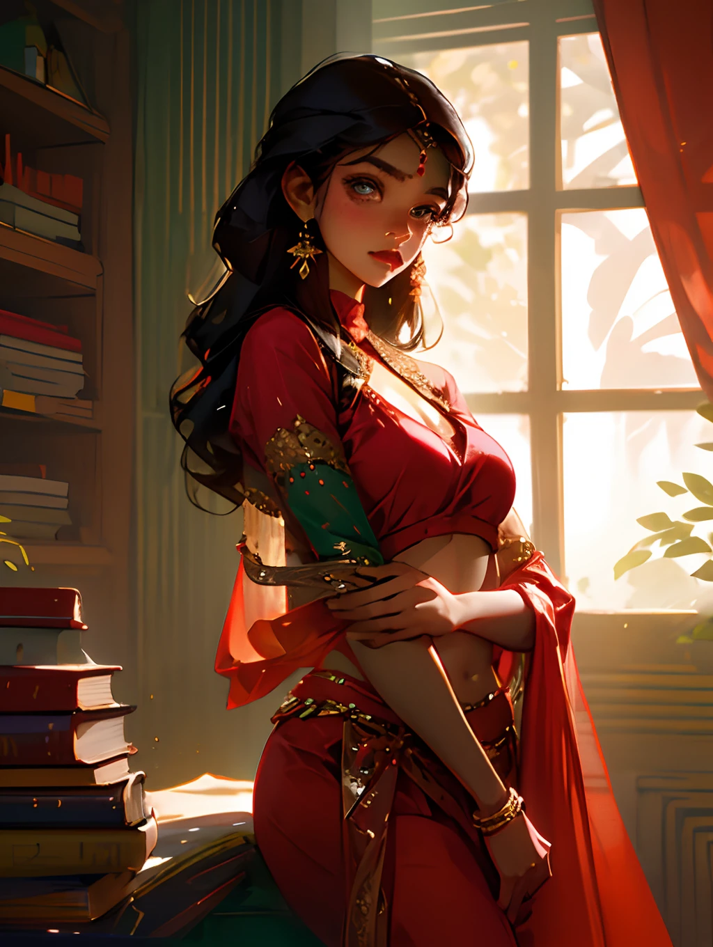 Indian woman, red saree, large , large breasts, beautiful eyes, , bending down to pickup the book