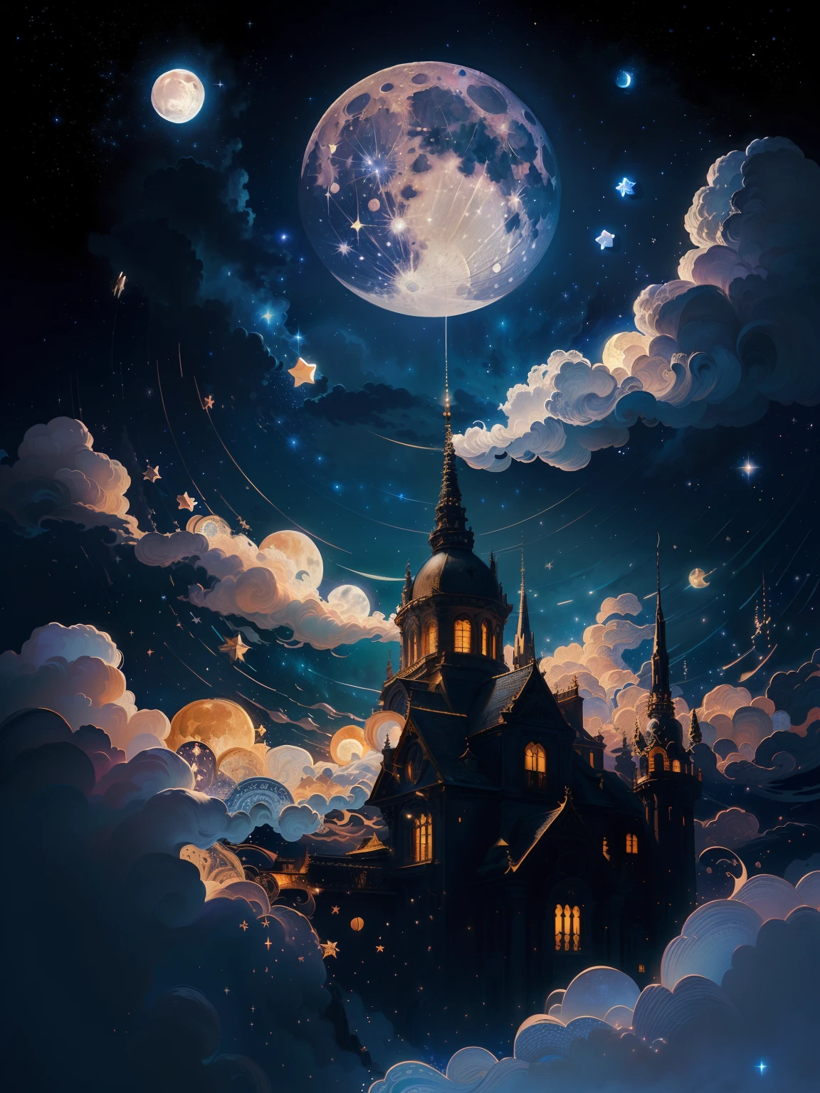 Starry night view with moon and clouds in one frame, baroque painting. star lit sky, calm evening. Digital illustration, detailed dreamscape, stary night painting, dreamy night, dreamlike illustration, Stars and paisley fill the sky, The moon and stars, moonlit starry sky environment, dreamy and detailed, magic fantasy highly detailed, big moon and stars in the sky