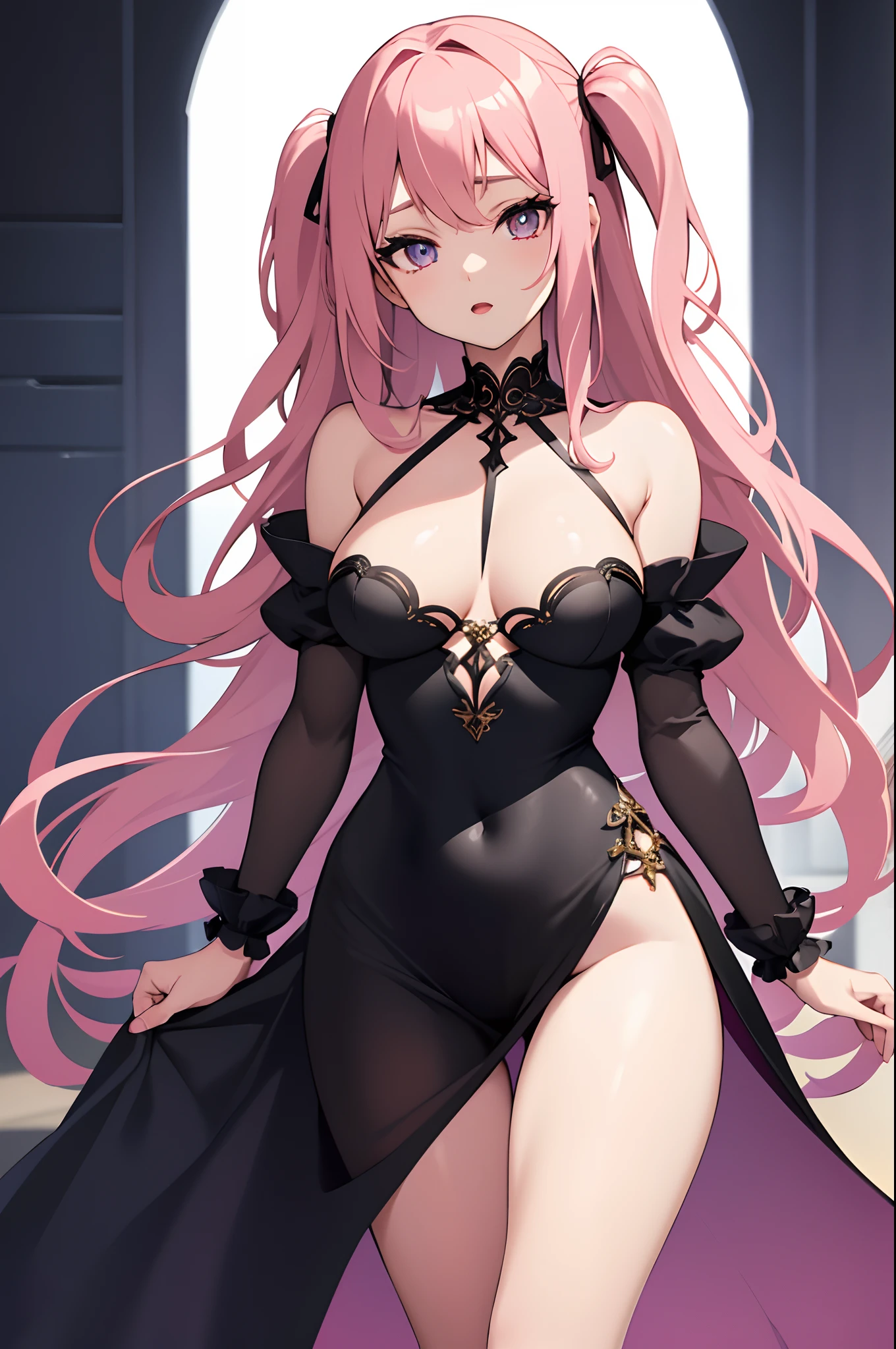 1girl, anime, cute girl, blank background, white background, fantasy, detailed dark fantasy dress with highlights, beautiful face, beautiful eyes, dark colors, long pink hair, medium breasts, slight cleavage, beautiful skin, cute, breast curtains, extremely delicate and beautiful, (beautiful detailed face:1.0), (detailed deep eyes), symmetrical breasts, deep eyes, shiny skin, portrait, slender waist, hips wider than shoulders, thighs, young girl, expressionless