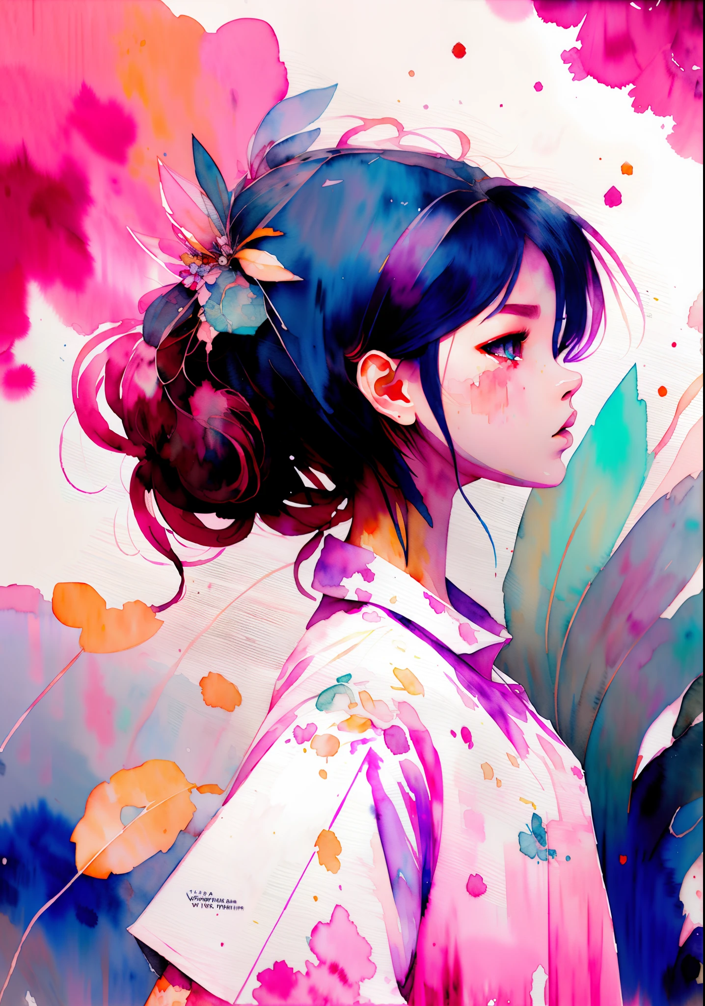 wtrcolor style, (girl) digital art, official art, blowin' in the wind, masterpiece, beautiful, (((watercolor)), paint splatter, anime, intricate details. Great detail, [drip: 0.7], trending on art station, Rachel Walker