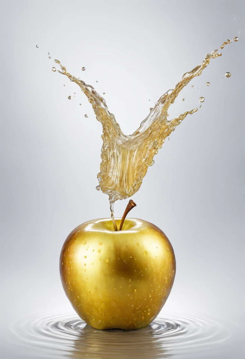 A golden apple with drops of water falling on it, cinemactic, fotografia profissional, studio illumination, studio background, advertising photography, detalhes intrincados, hiper-detalhado, ultra realista, 8K UHD
