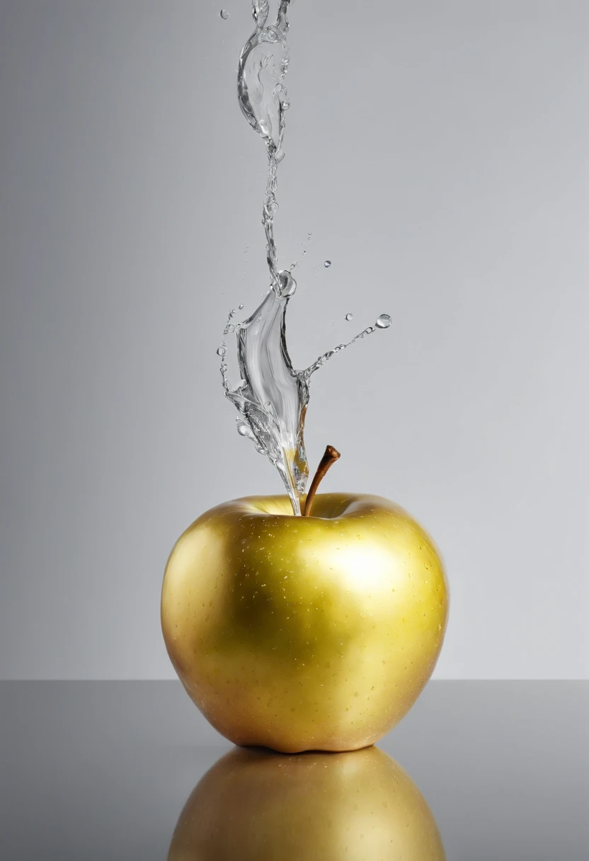 A golden apple with drops of water falling on it, cinemactic, fotografia profissional, studio illumination, studio background, advertising photography, detalhes intrincados, hiper-detalhado, ultra realista, 8K UHD
