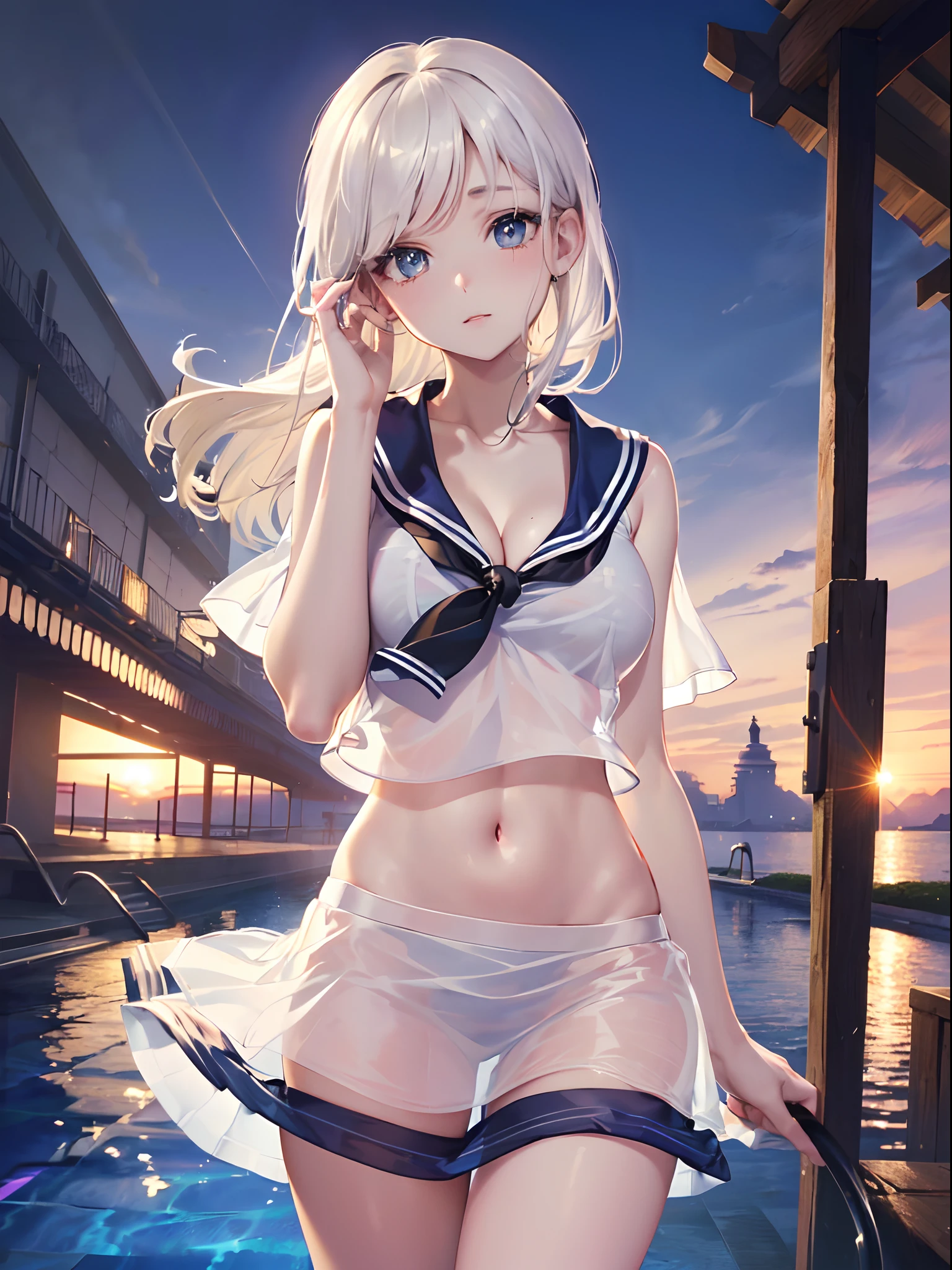 ((masterpiece, best quality, highres, UHD, perfect pixel, depth of field, 4k, RTX, HDR))), 1girl, single, solo, (((cleavage))), beautiful girl, beautiful artstyle, ((Detailed beautiful eyes, beautiful eyelashes, realistic eyes)), ((detailed face)), ((smooth texture, realistic texture, photorealistic)), (((large breasts))), small ass, perfect body, ((cowboy shot)), ((( white sheer sailor shirt, Sleeveless, Open front))), (((Navel ))), (((Sheer Micro Mini Skirt))), poolside, Perfect Eyes Eyes