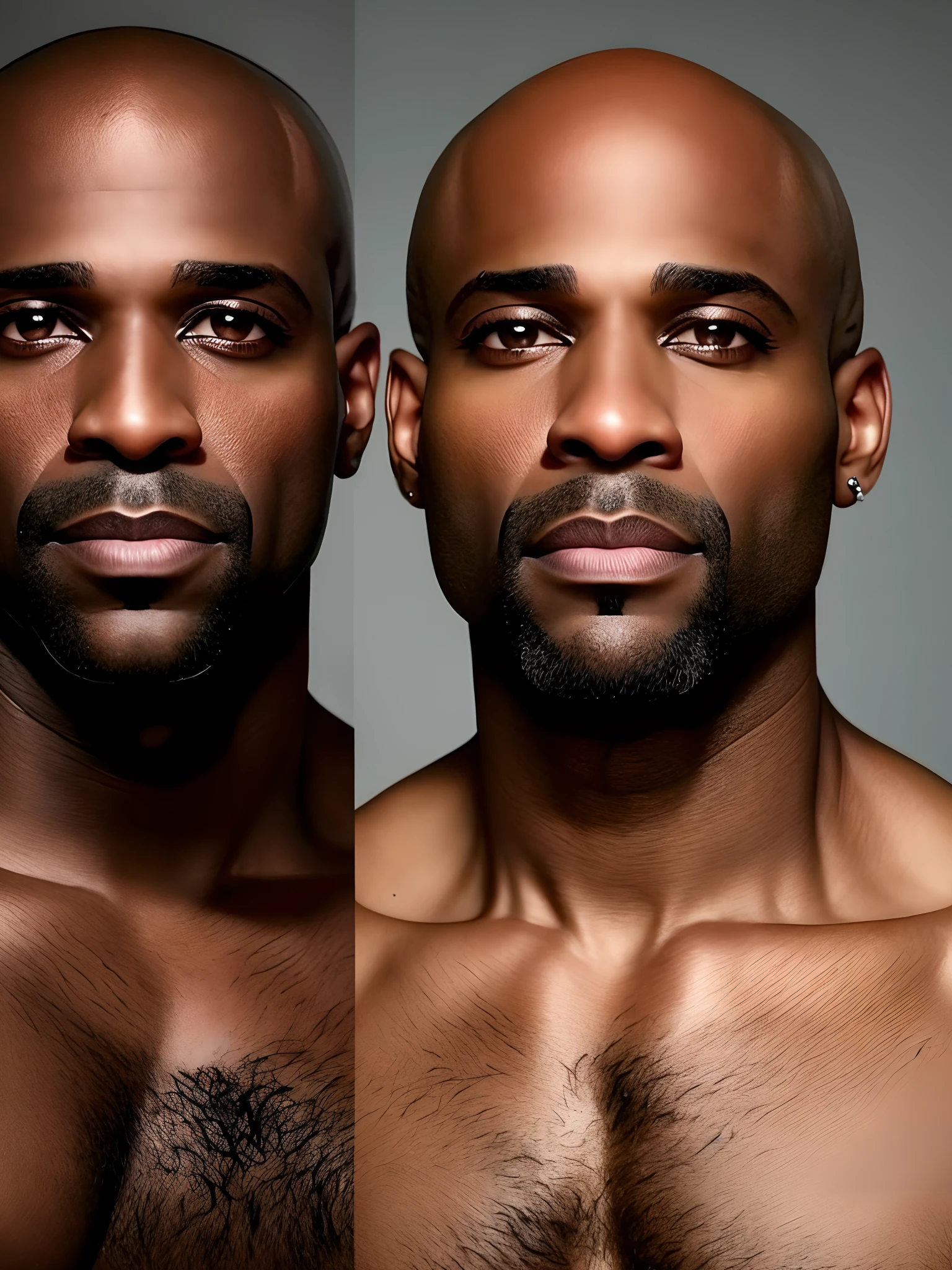 Make a hairless bald 40-year-old black man on his face with fine features, sobrancelha bem desenhada utilizando um piercing modelo ferradura dourado na narina esquerda