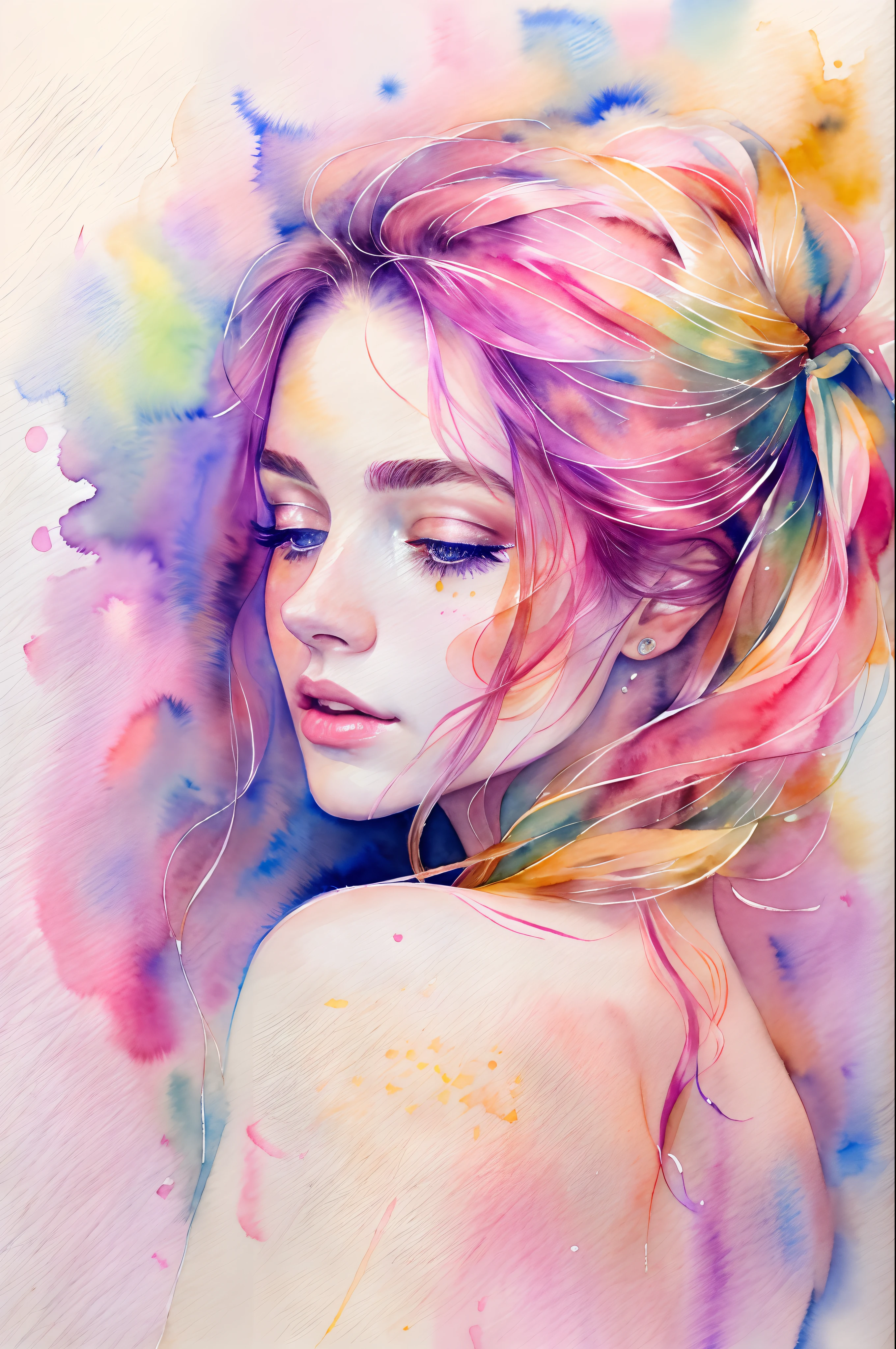 A painting of a woman with pink hair and a colorful dress - SeaArt AI