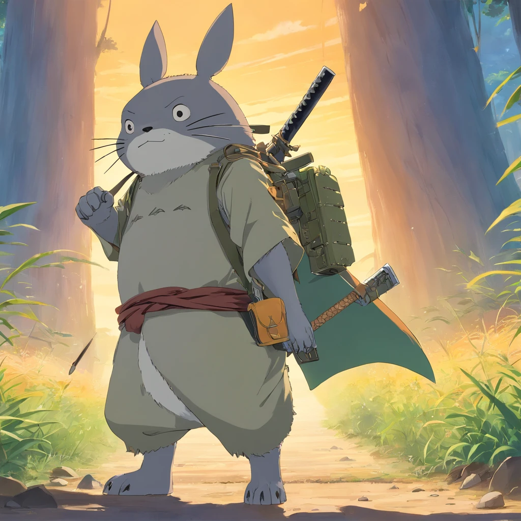 Totoro, Western samurai equipment,The whole body is covered in armor , Long gun in hand,Long Gun,Long-handled weapon,Wears samurai armor on his head,Gobi Desert,No Man,No one appears
