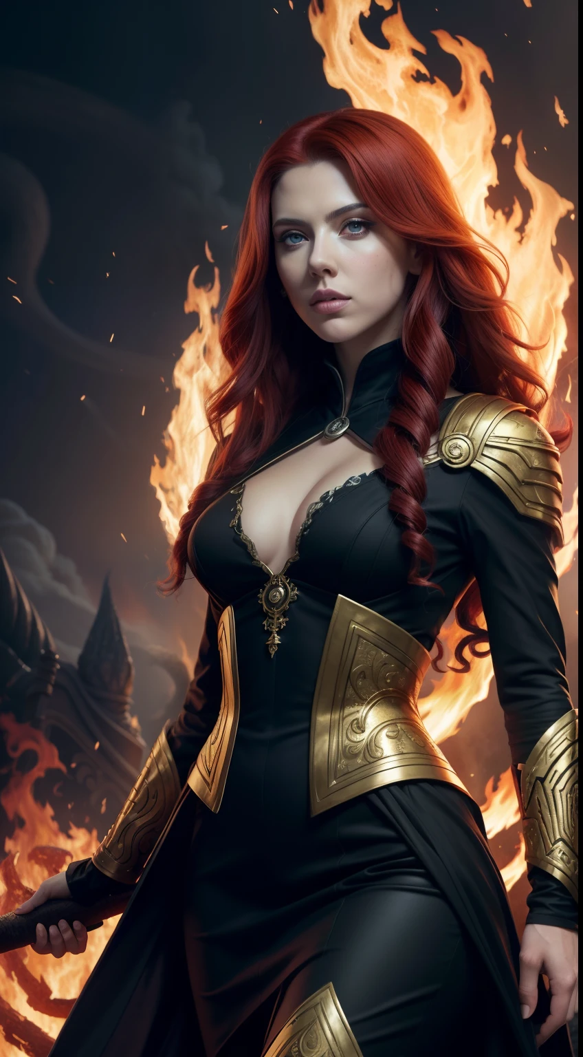 (Elongated head)scarlettJohansson (Scarlett Johansson) Portrait of a 32-year-old,Hades,(Wearing:black toga,Armed with a giant scythe,),Great giants,angry look,(Hairstyles: with curly red hair,(theelementoffire:1.4),Composed of fire elements,),Roman mythology,8k wallpaper,finely quality eyes,Right eyes,correct hand, Ultra-detailed, Beautiful and aesthetically pleasing, tmasterpiece, best qualityer, (s fractal art: 1.3), erupting volcano, extremely detaile, dynamic angle, Cowboy shot, The most beautiful forms of chaos, elegant, Fauvistdesign, vivd colour, romanticism lain, hell, Buble, shells, Blood, pearls,magma,火焰, Libra, skulls, Hold the giant scythe,Vintage style,(zentangle,datura,Tangles,entangled), (s fractal art: 1.3),Flame,gold foil,Gold leaf art,glitter drawing,delicated face,Correct body structure,Highly realistic,posing elegantly,Transparency,Sci-fi lighting effects,dress,Flame,hoang lap,climaxing,looking down from above,