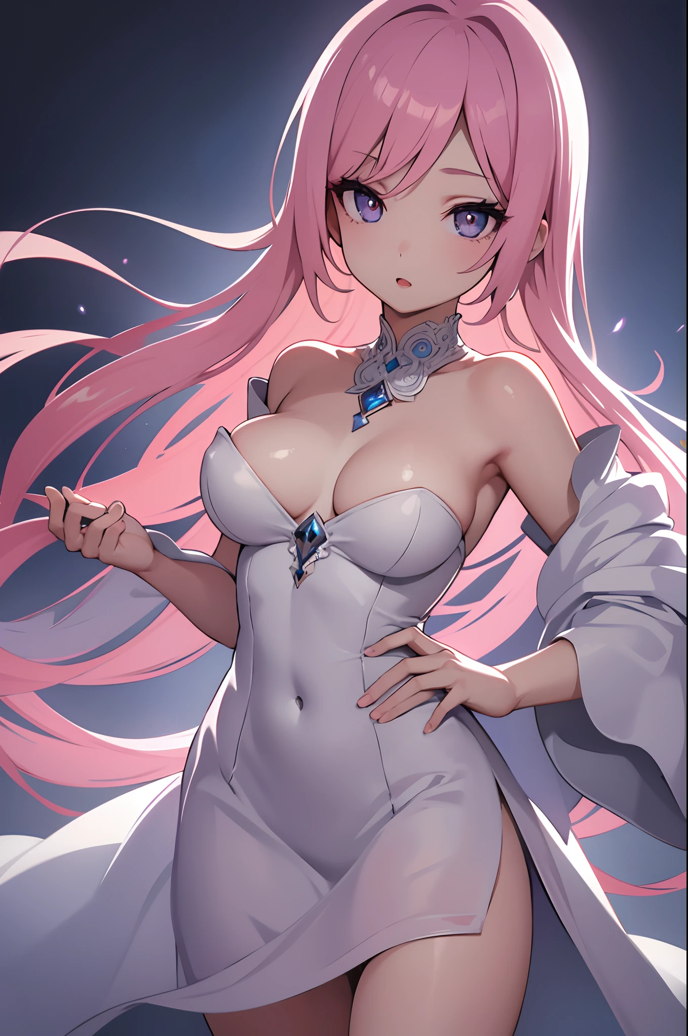 1girl, anime, cute girl, blank background, white background, fantasy, detailed dark fantasy dress with highlights, beautiful face, beautiful eyes, dark colors, long pink hair, medium breasts, slight cleavage, beautiful skin, cute, breast curtains, extremely delicate and beautiful, (beautiful detailed face:1.0), (detailed deep eyes), symmetrical breasts, deep eyes, shiny skin, portrait, slender waist, hips wider than shoulders, thighs, young girl, expressionless