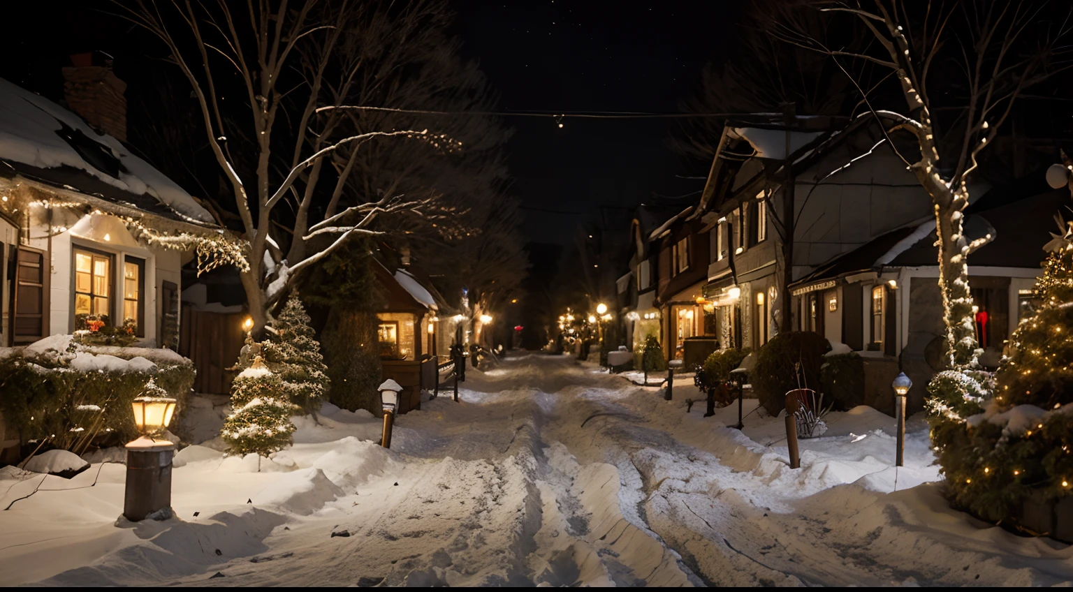 The streets of Christmas Town were lined with cobblestones dusted in shimmering snow, and every quaint cottage was adorned with colorful lights, twinkling like stars.