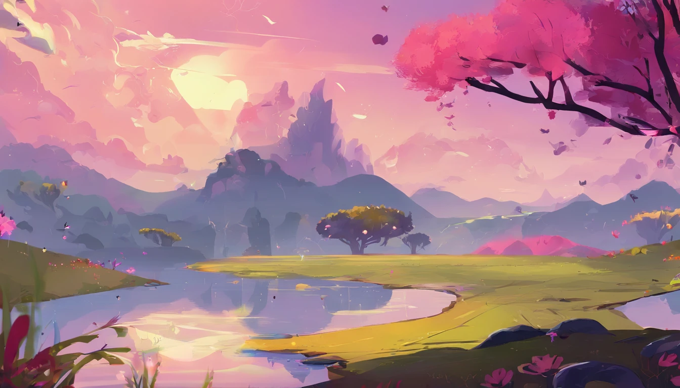 （（A rainbow appears in the sky after the rain）），Baiyun, Depois da chuva, Lago calmo, imagem invertida, The outline of the tree, Birds fly, refrescar, magica, Beautiful Landscape Pink SkiesNatural