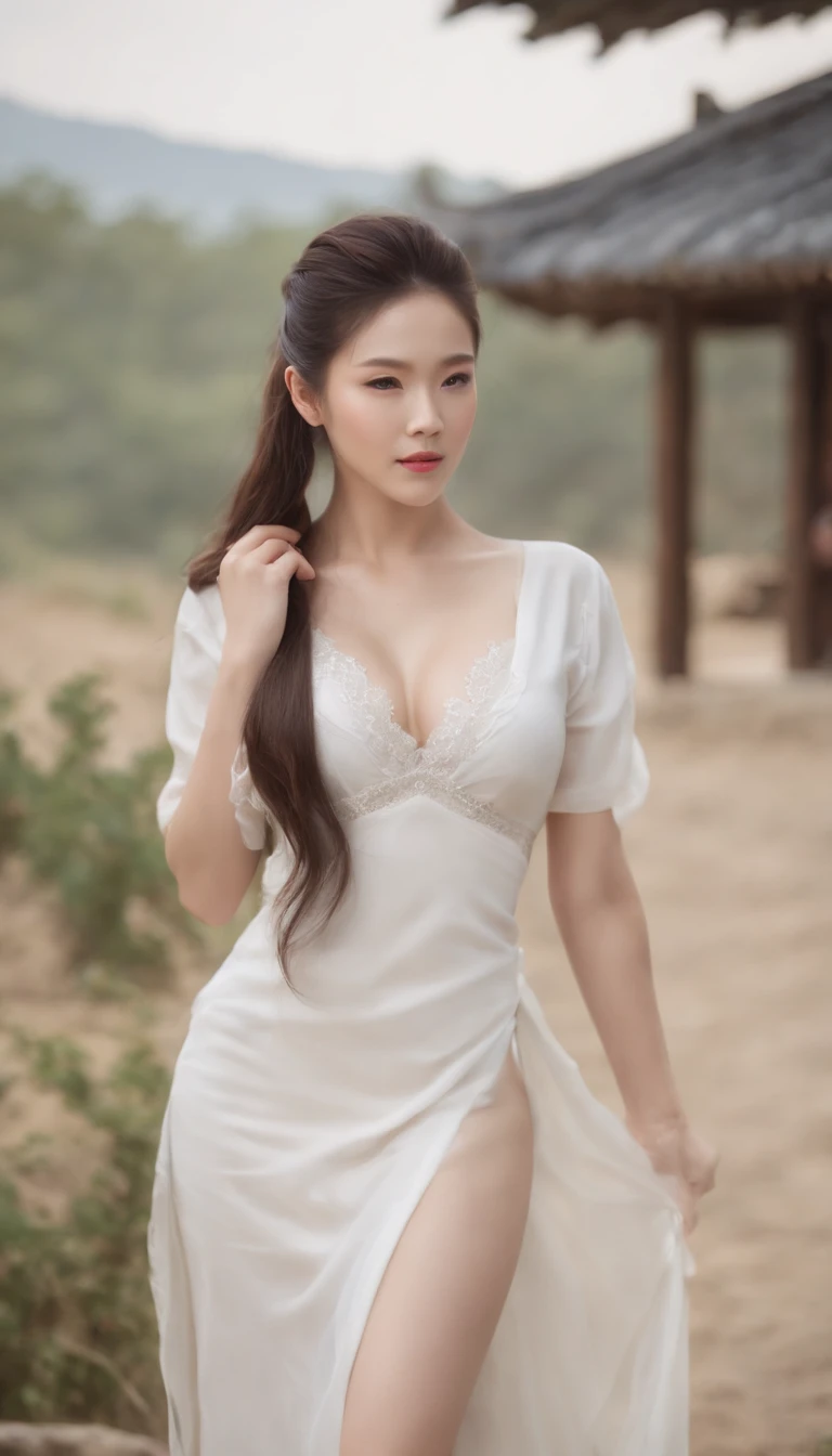 photograph of-realistic (1 Korean royal sister star) hair slicked back, White skin, thin makeup, 32 inch breast size, A slight smil, White shirt, Stand in front of the hut, , hyper HD,Cocked buttocks,black lence stockings