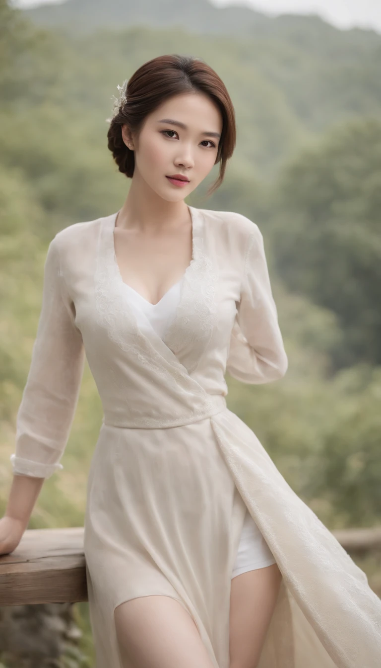 photograph of-realistic (1 Korean royal sister star) hair slicked back, White skin, thin makeup, 32 inch breast size, A slight smil, White shirt, Stand in front of the hut, , hyper HD,Cocked buttocks,black lence stockings