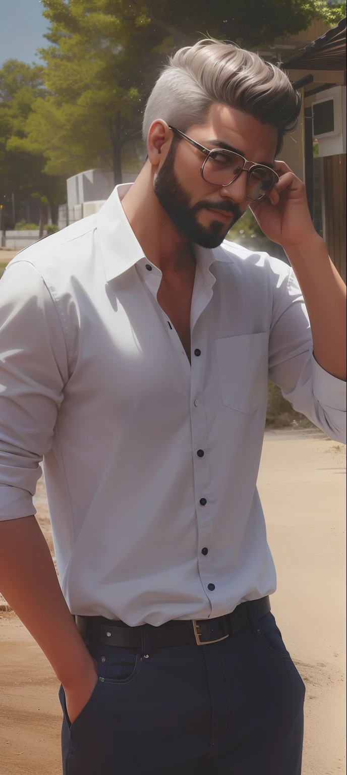 there is a man with a beard and glasses standing in the dirt, wearing in shirt, casual photography, with lovely look, wearing white shirt, candid picture, mohamed chahin style, closeup portrait shot, wearing a white shirt, with a cool pose, photograpgy, taken with the best dlsr camera, stylish pose, front profile!!!!, with accurate face