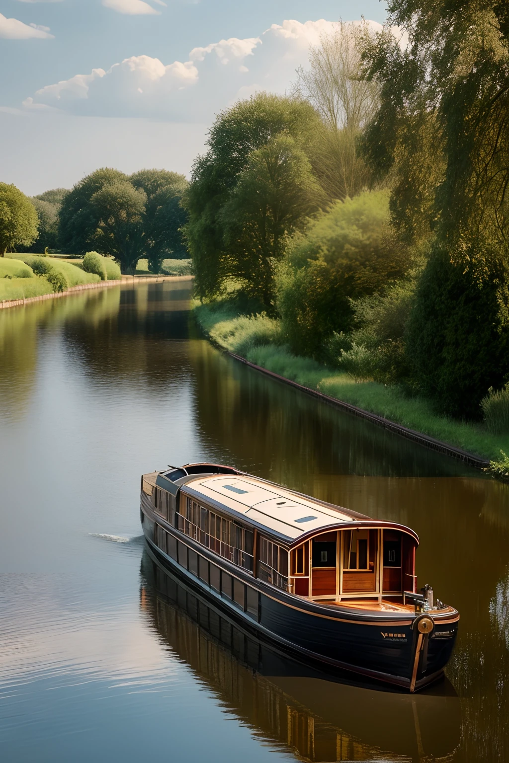 Beautiful vintage canal boat, landscape, highly detailed, inspired by the style of Ken Duncan well known as the pioneer of landscape, in making use of dodging and burning to edit a landscape image.