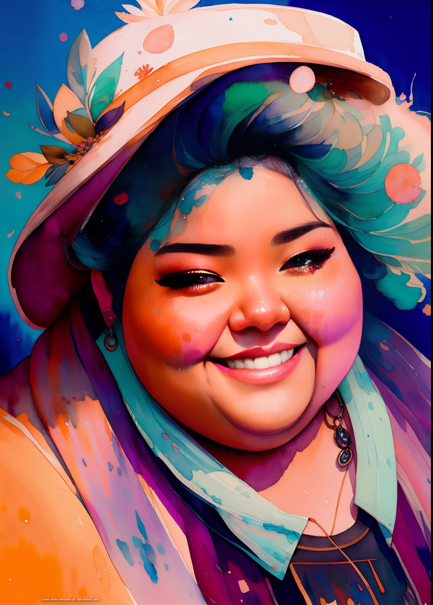 wtrcolor style, Digital art of (chubby woman), official art, frontal, smiling, masterpiece, Beautiful, ((watercolor)), face paint, paint splatter, intricate details. Highly detailed, detailed eyes, [dripping:0.5], Trending on artstation, by Rachel Walker