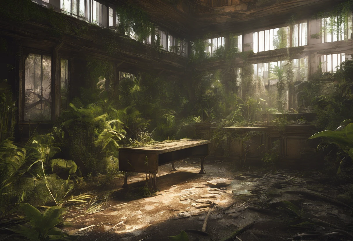 igreja abandonada, escada, one tree & Roots, Green post-apocalypse, Grama alta e grossa e selva, Everything is covered in plants, Drava e plantas, Crescendo em um prado, Bela arquitetura e interiores decorativos, An abandoned and overgrown hall, Post-apocalypse and devastation, old furniture, Coberto com musgo, O interior de uma casa abandonada, coberto de musgo espesso e plantas, Flooded Hall, janelas grandes, corredor, The room is covered with plants, descansar, Lixo, Roots, molde, Half-rotten furniture, Coberto com musgo, janela quebrada, From where you can see abandoned skyscrapers, coberto de plantas, Sundown, alta resolução, Um hiper-realista, ultra detalhado, Sharp details, detalhe fino, Um hiper-realista, Hiqualidade, Melhor, super detalhe, Detalhamento maluco, Um altamente detalhado, photo-realistic, quadrada